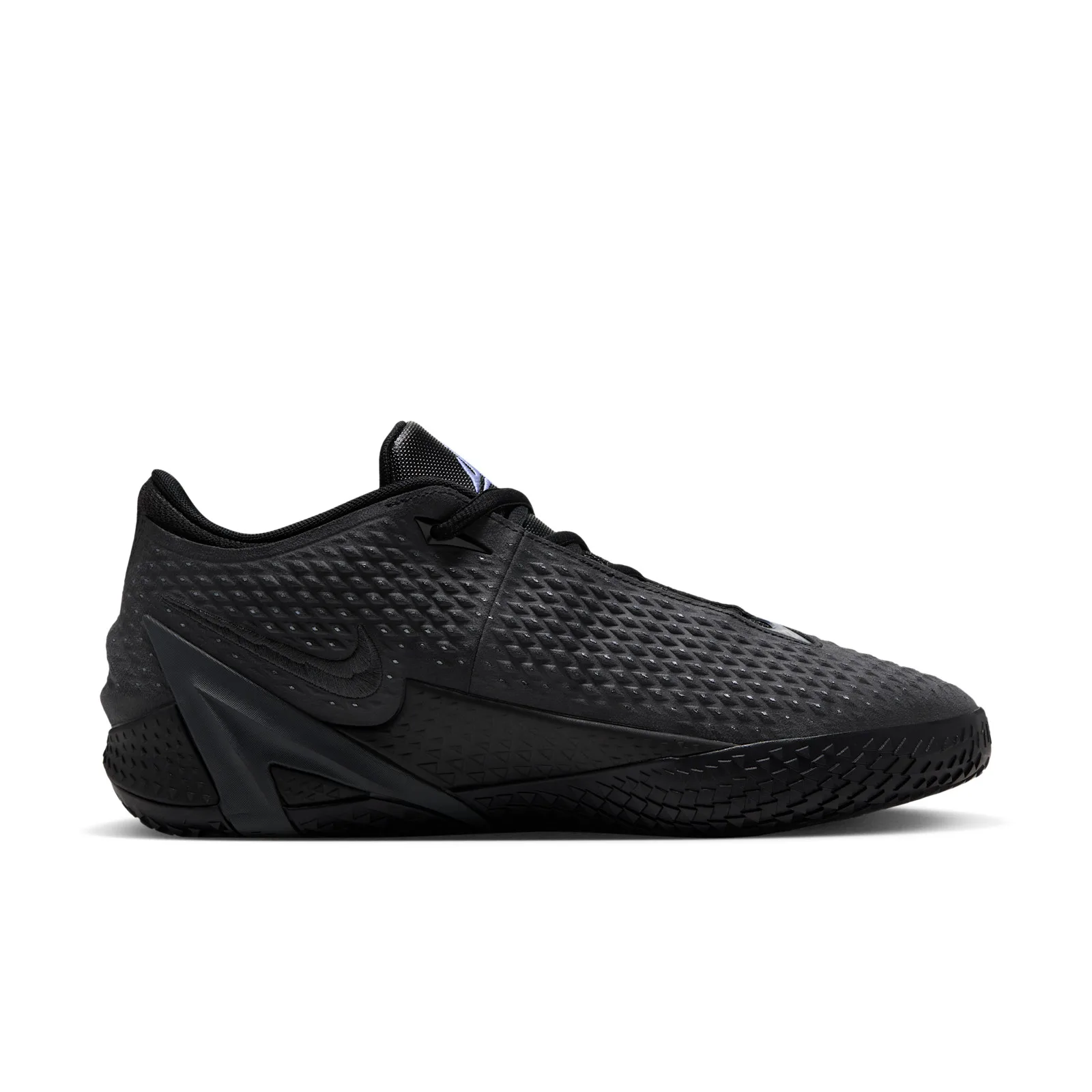 lateral view in dim lighting, tonal black upper and swoosh, purple heel tab, Dark Mode