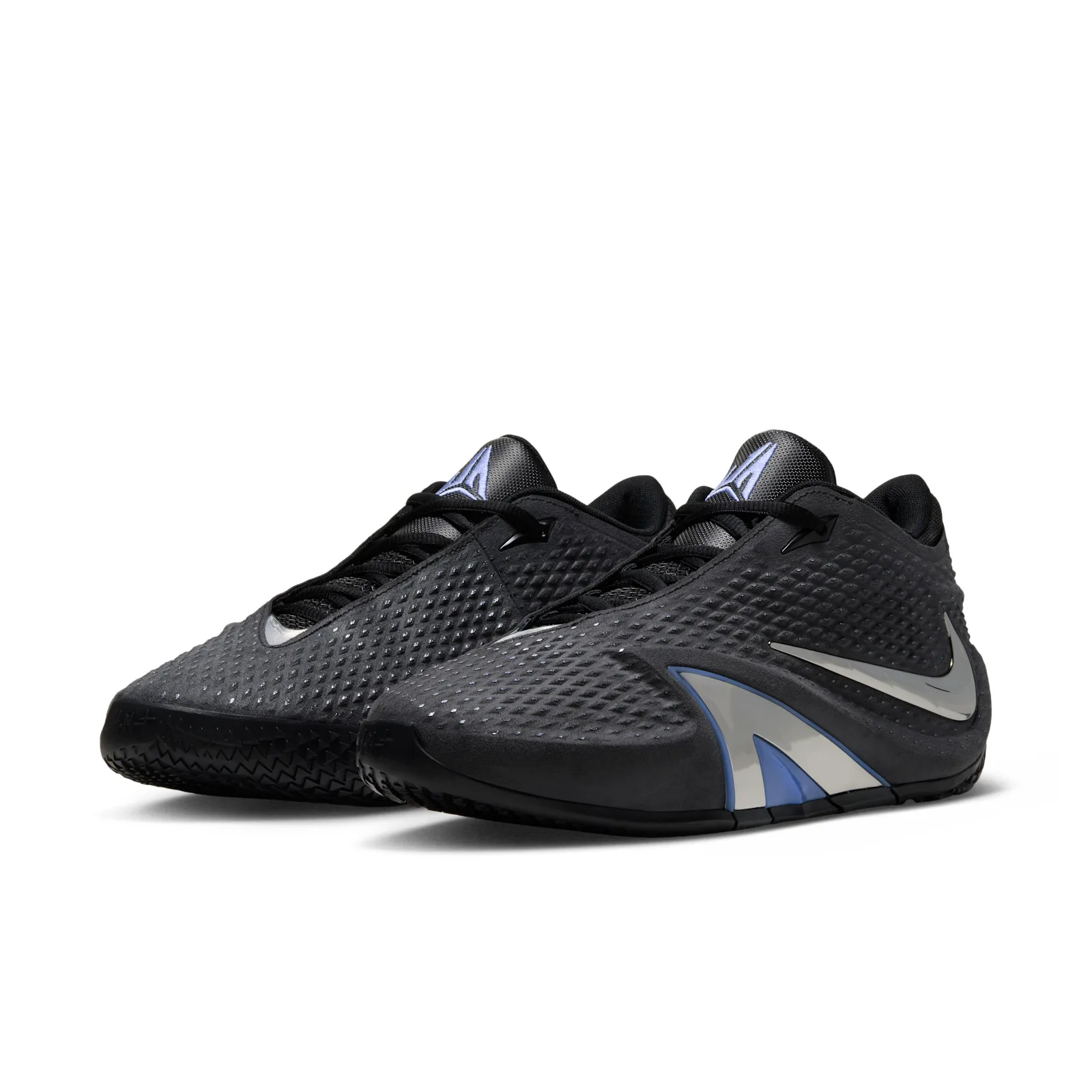 front three-quarter pair view, black upper, chrome swoosh, blue toe accents, Dark Mode