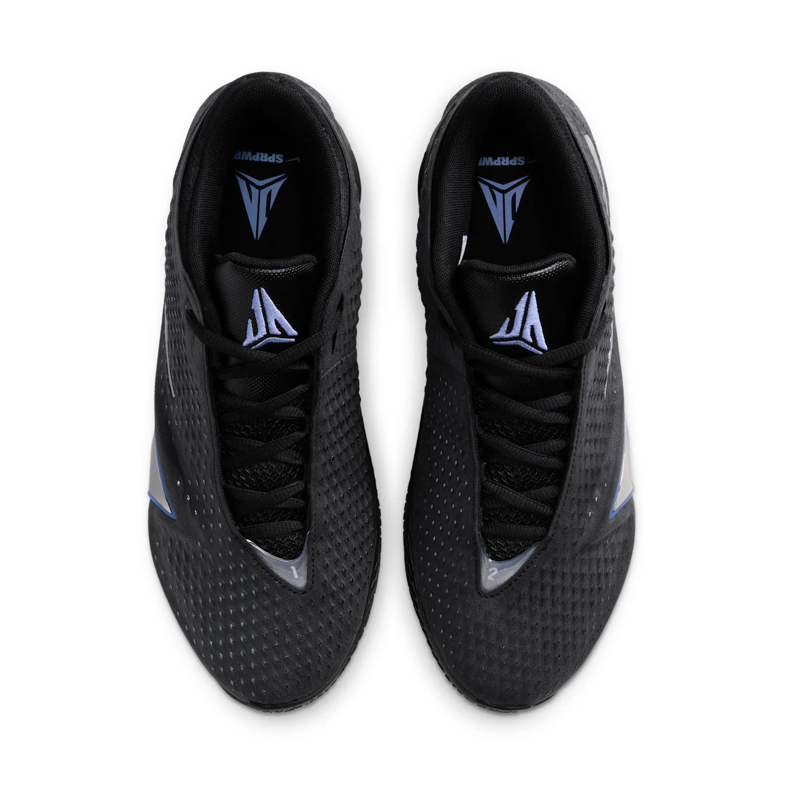 top-down view of pair, black laces, lavender ja logo on black tongue, Dark Mode