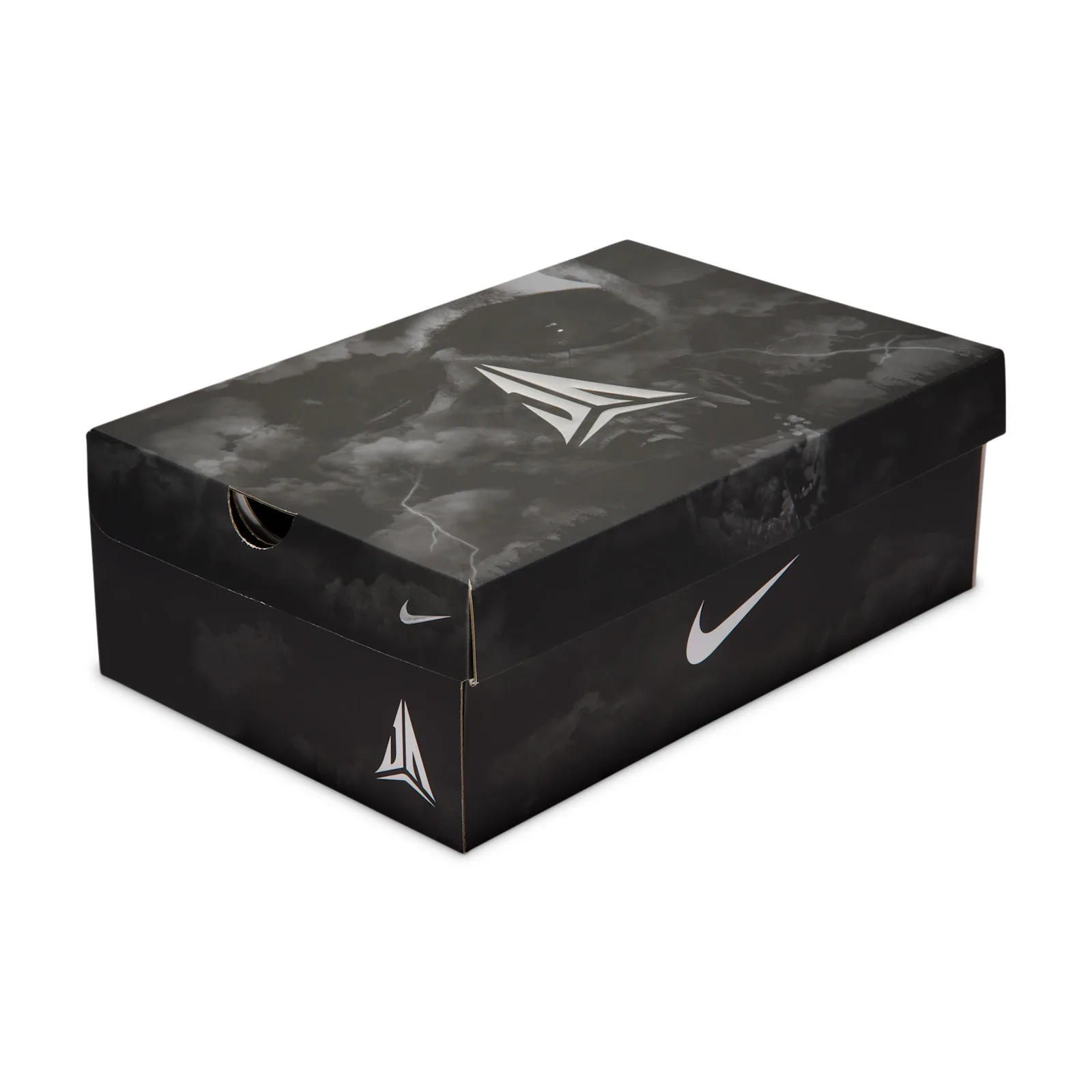 angled shoebox with grey-black marbled print and chrome ja logo on lid, Dark Mode