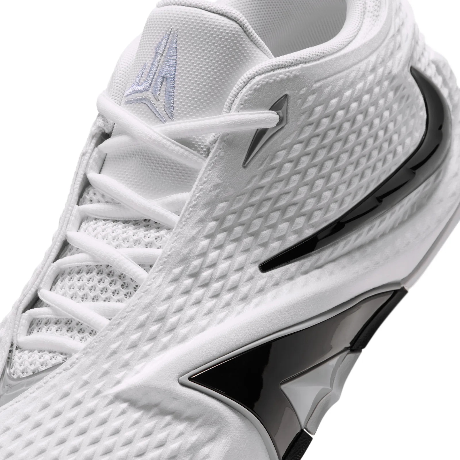 close-up toe detail, black swoosh and silver lace aglet on white mesh, Phantom