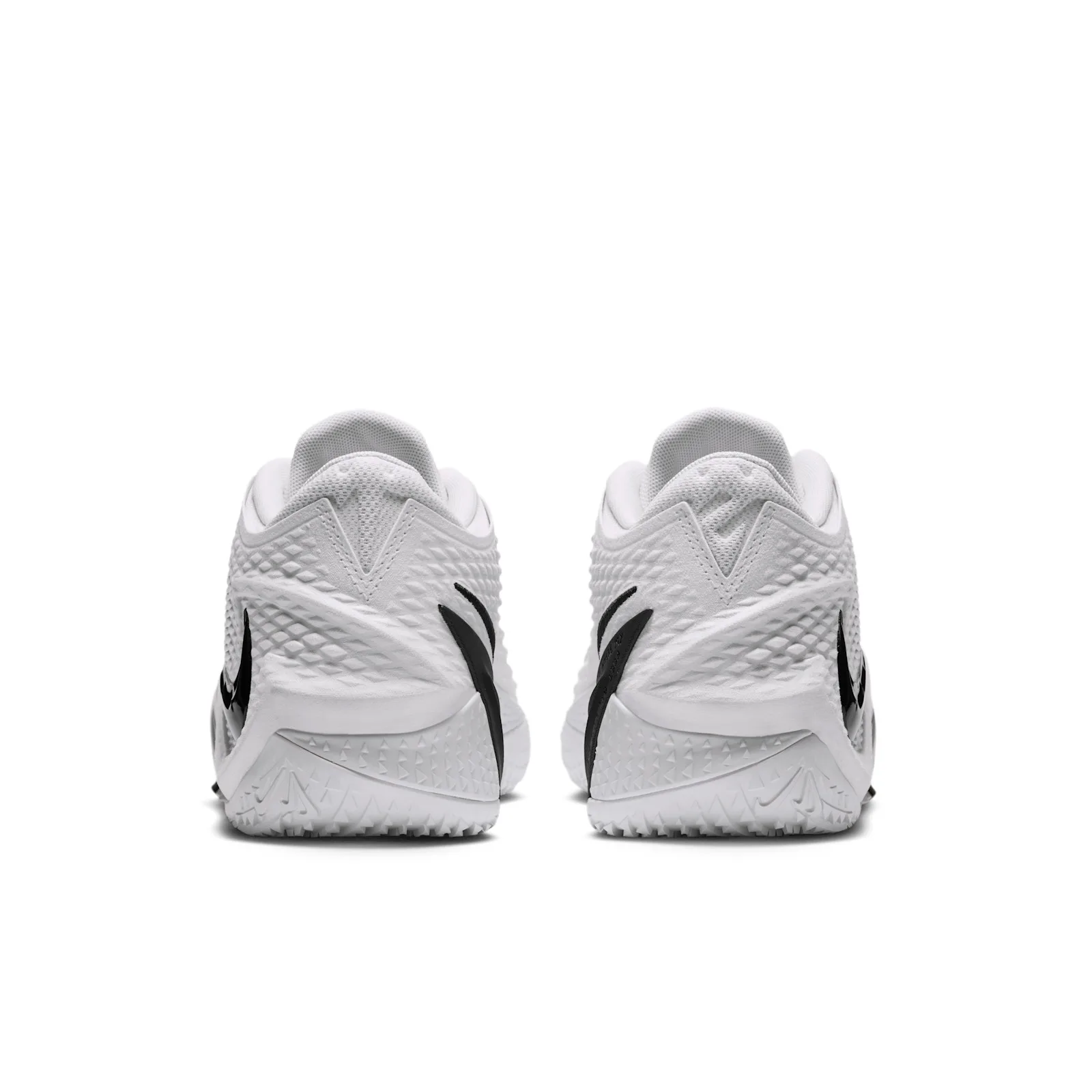 heel view of pair, white uppers with black swoosh overlays, Phantom