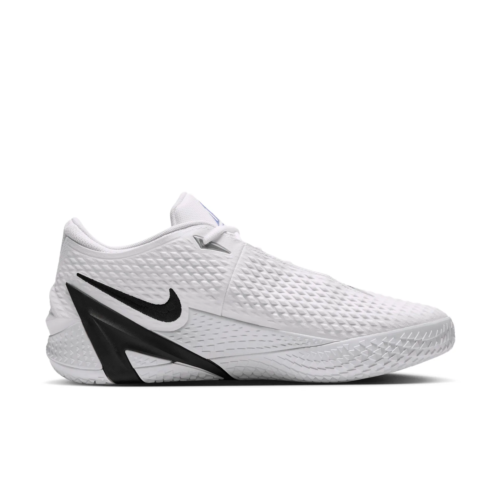 lateral view, white upper, black swoosh, pale blue lace tip detail, Phantom