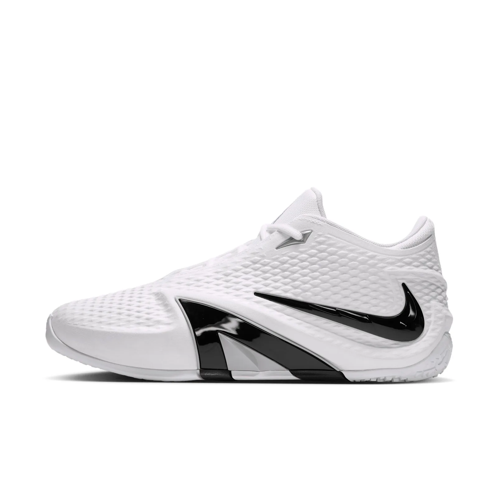 lateral view, white knit upper with black swoosh and heel overlay, Phantom