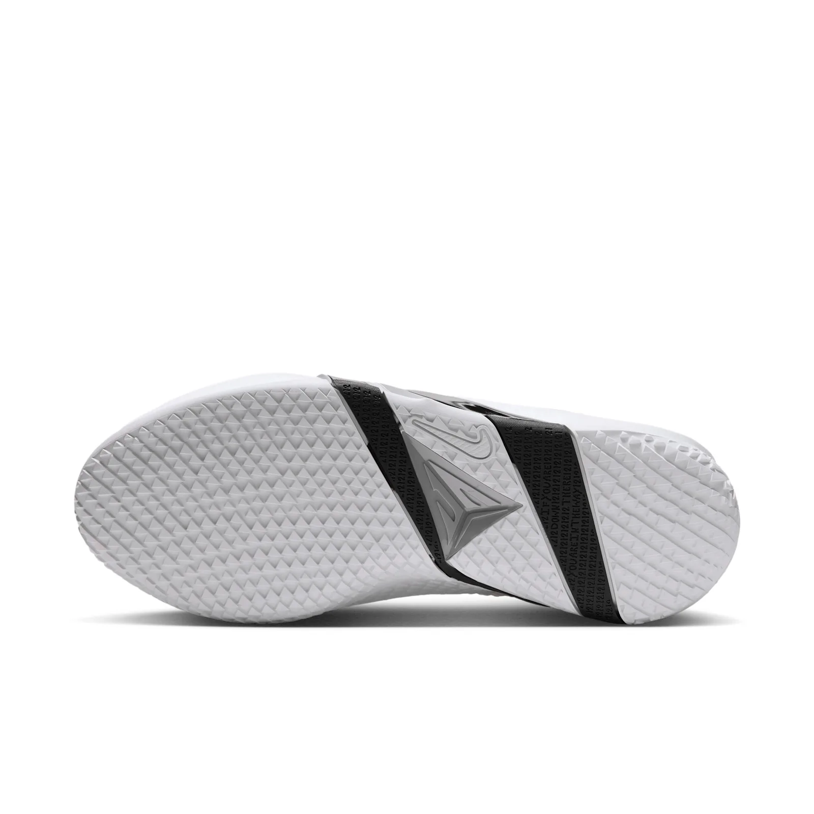 outsole view, white tread with black midfoot stripe and text pattern, Phantom