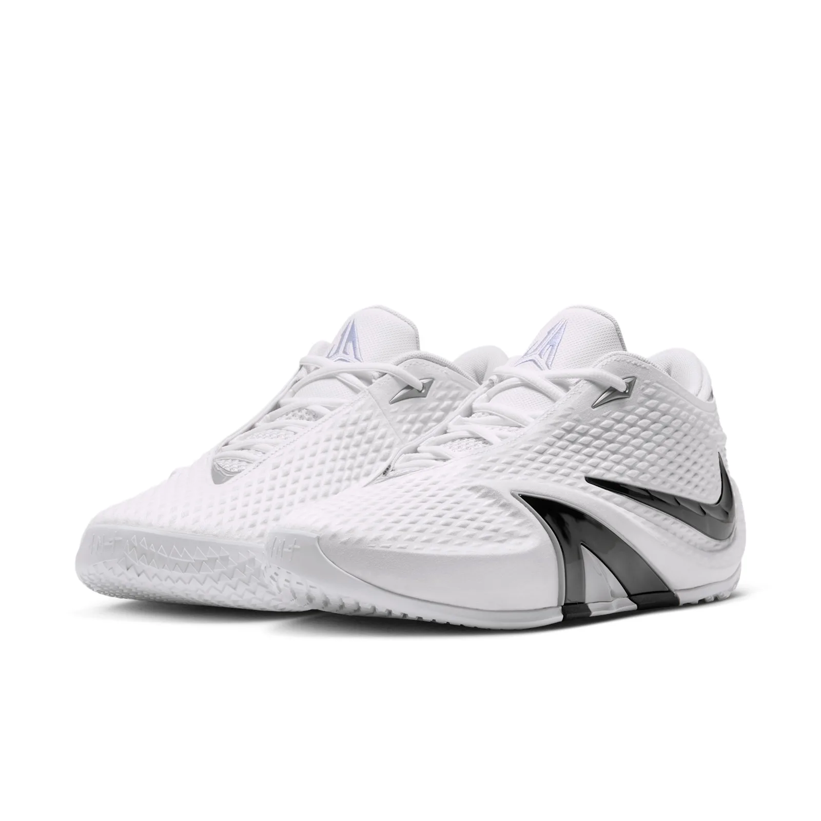 front-angled pair view, white uppers with black toe wraps and swooshes, Phantom
