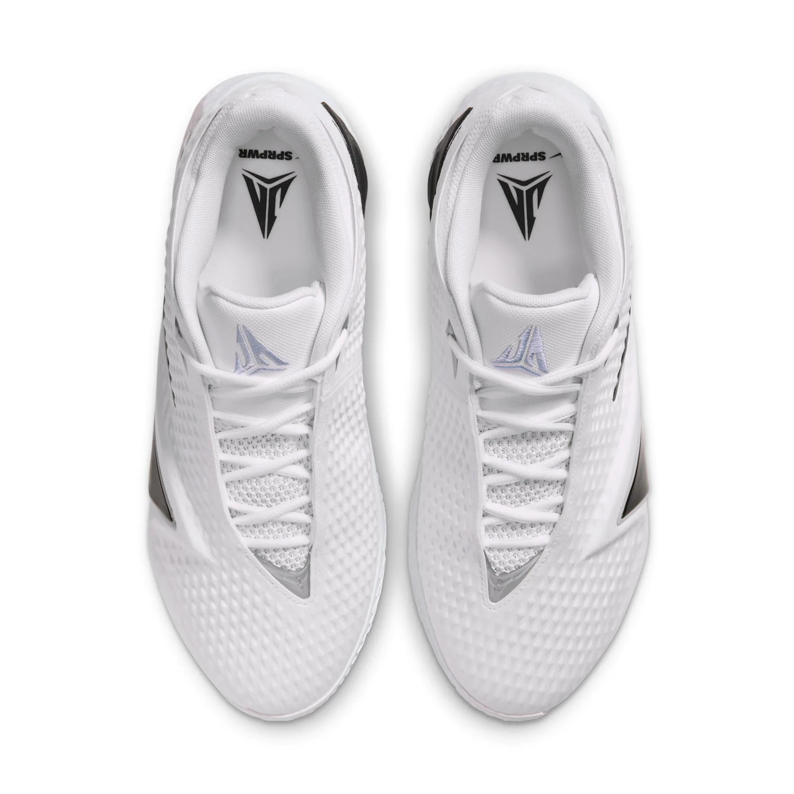 top-down pair view, white tongues with 'SPRPWR' text and small logo, Phantom