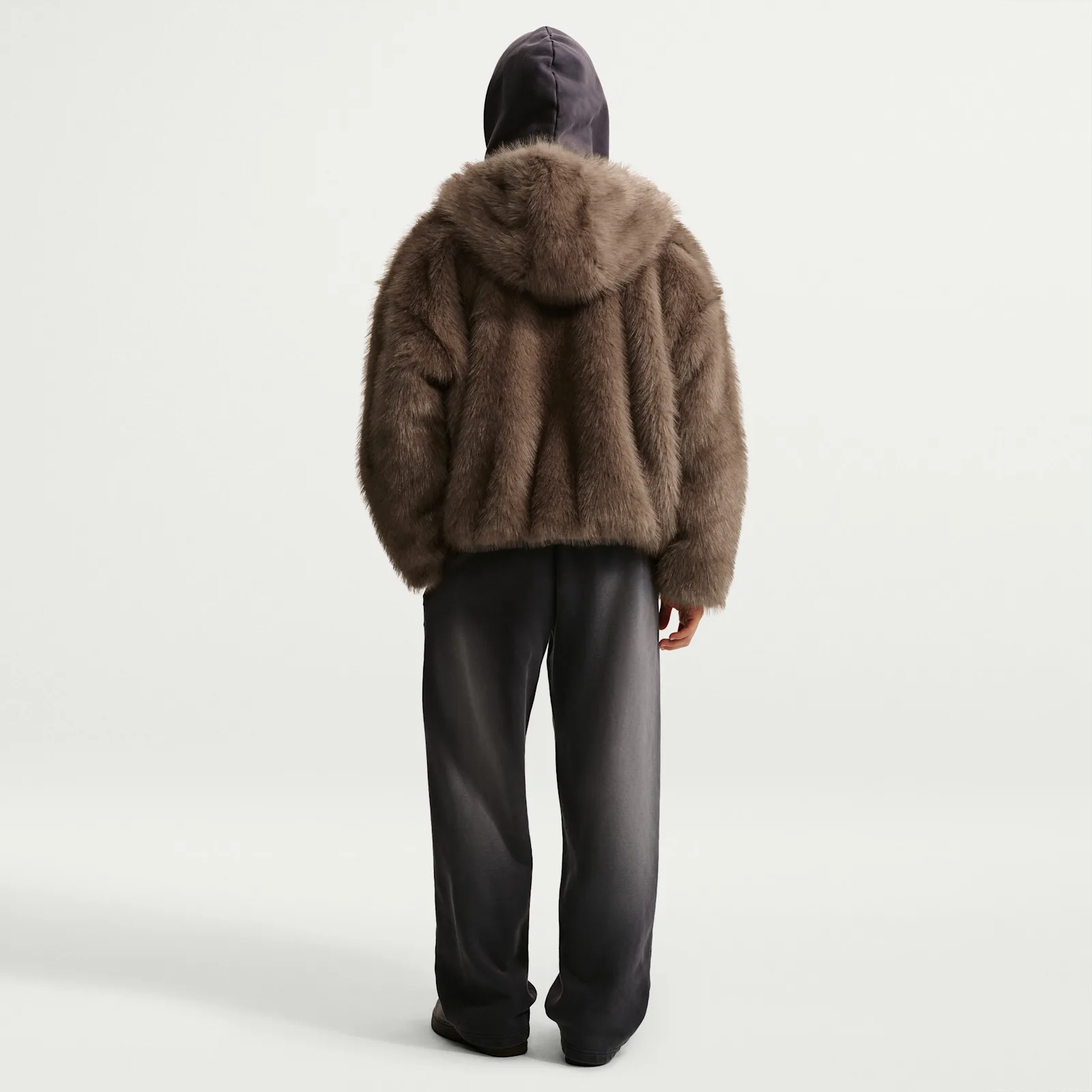 back view showing shaggy brown fur texture and grey hood, Faux Fur Jacket