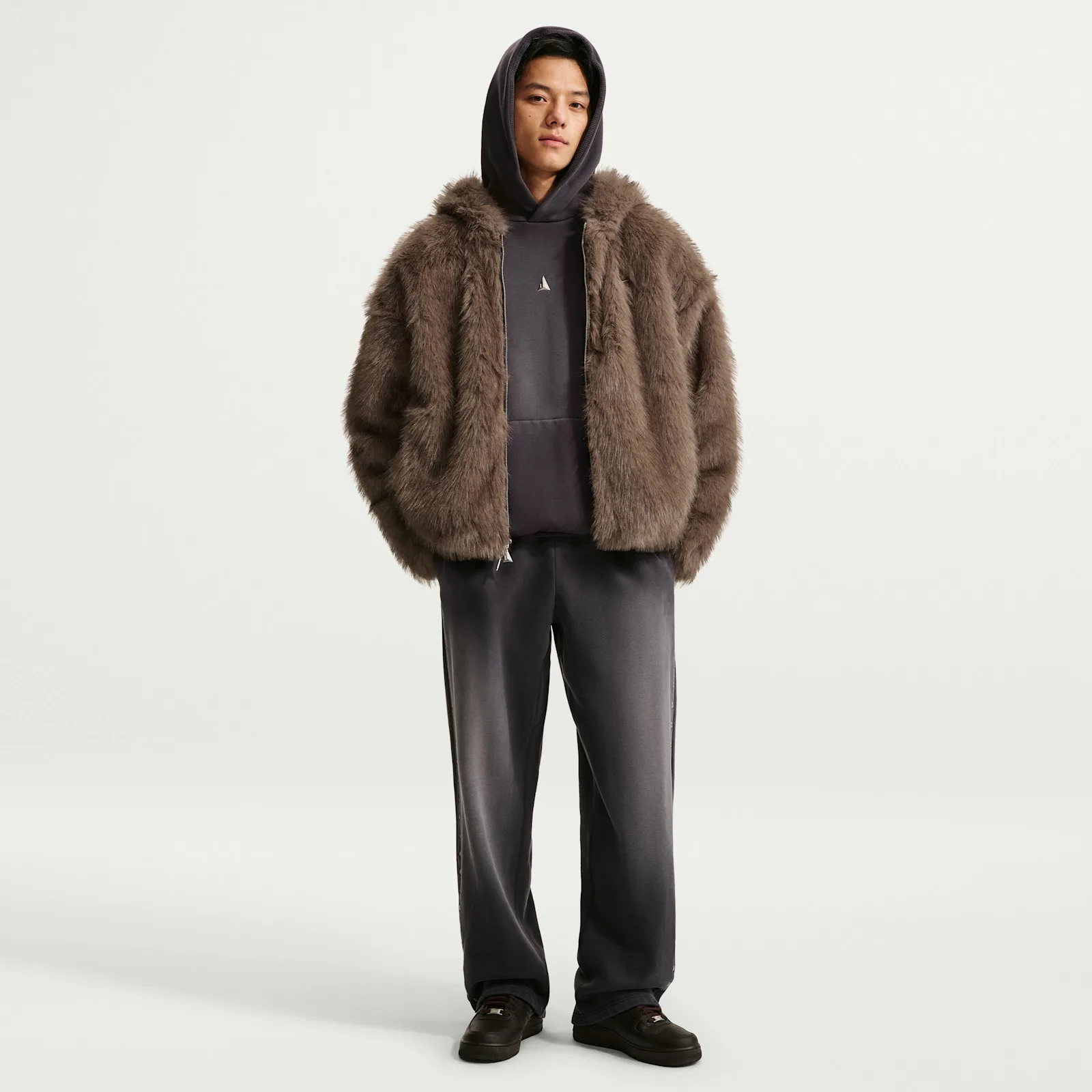 front view worn open over grey hoodie and matching sweatpants, Faux Fur Jacket