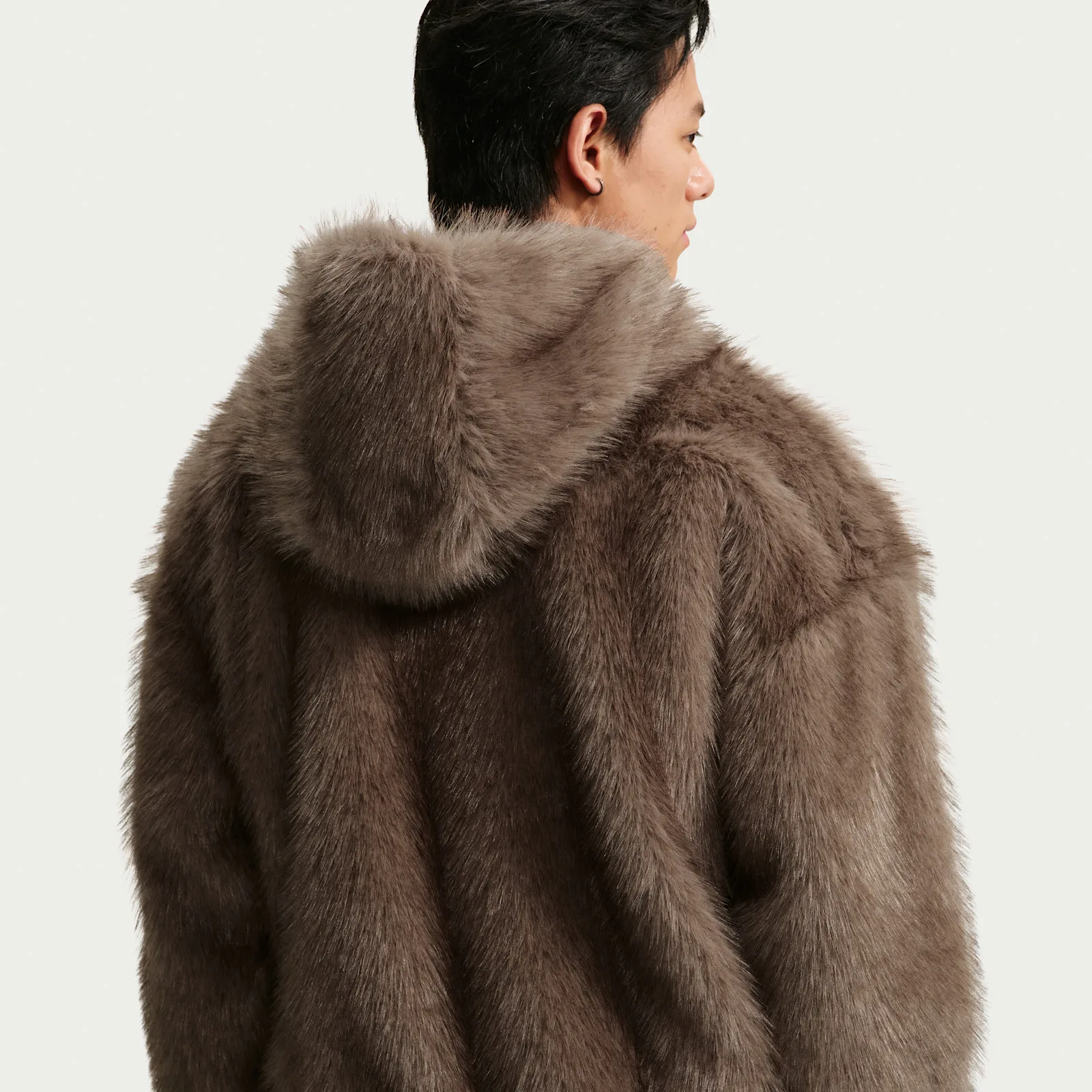 back detail of hood up, showing dense brown faux fur texture, Faux Fur Jacket