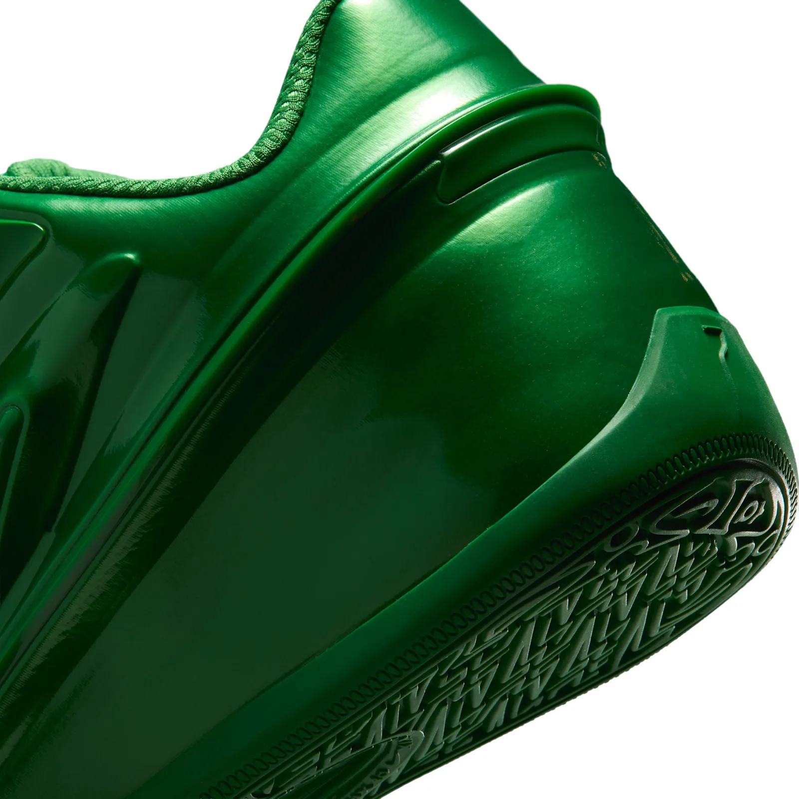 close-up heel and outsole detail, glossy green with textured tread, Gorge Green