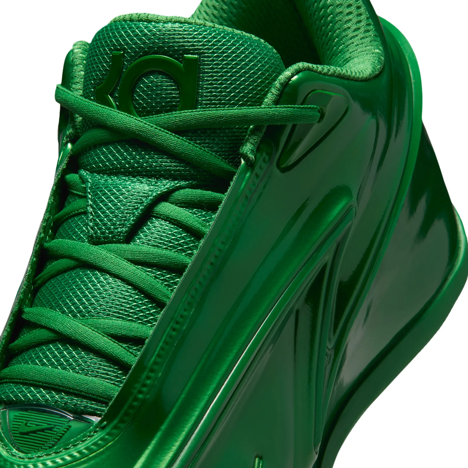 close-up detail of laces and green KD tongue logo, glossy toe box, Gorge Green