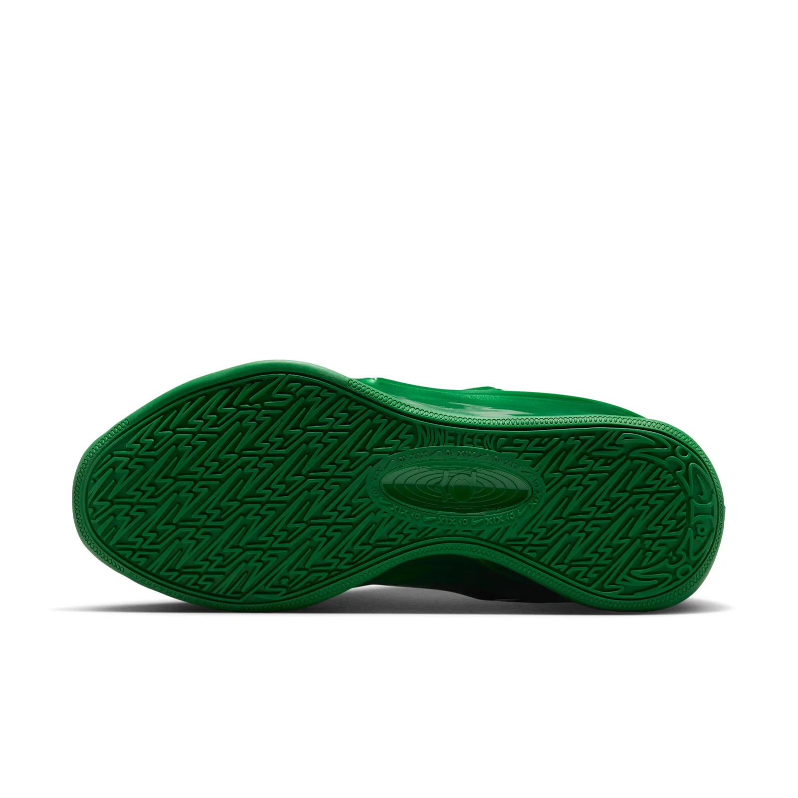 outsole view, green tread pattern with zigzag lugs and circular logo, Gorge Green