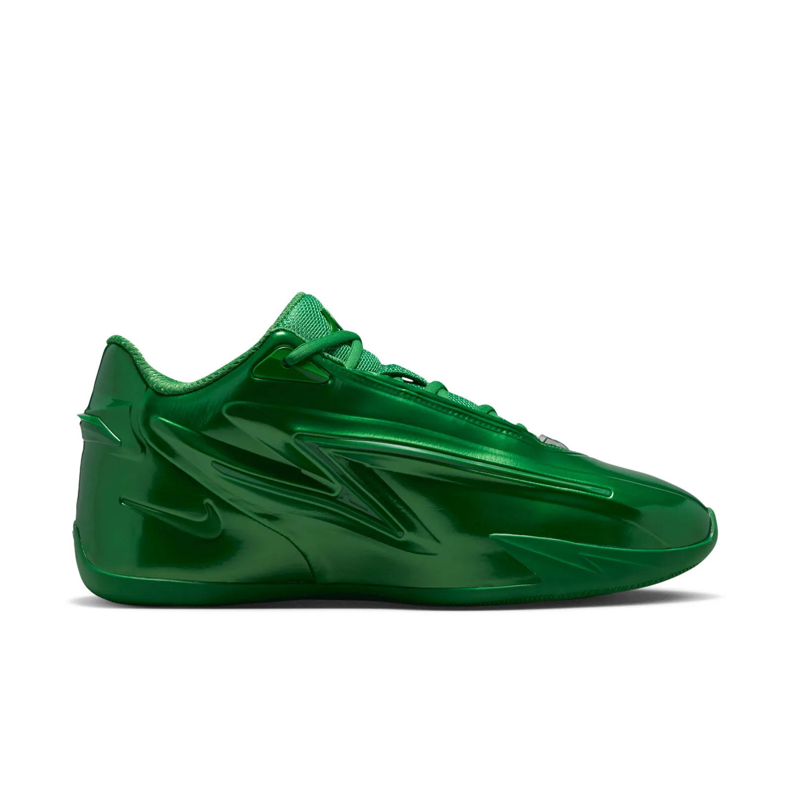 lateral side view, glossy green upper, close angle showing swoosh and stitched collar, Gorge Green