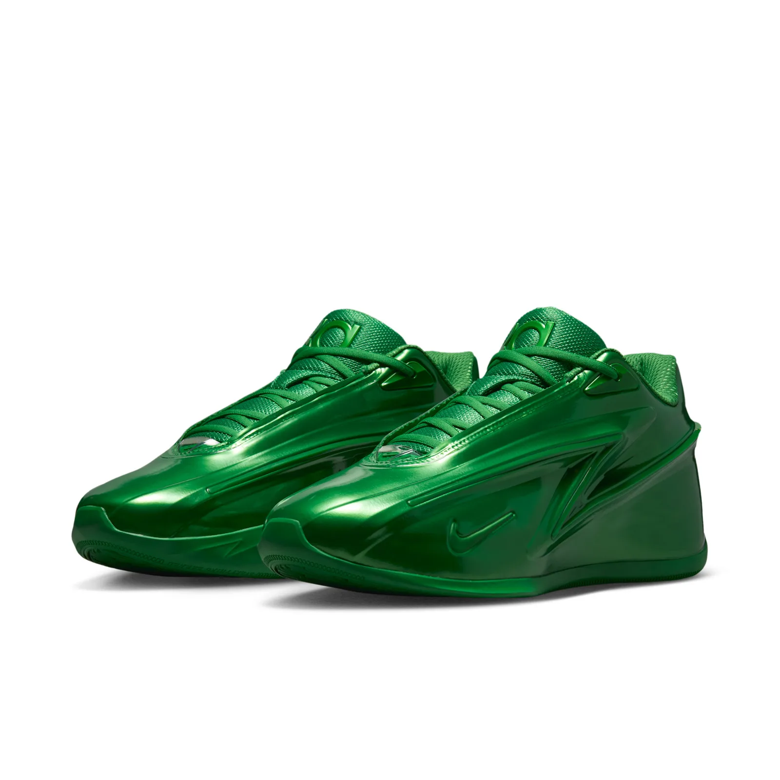 pair, three-quarter front view, glossy green with green KD tongue tags, Gorge Green