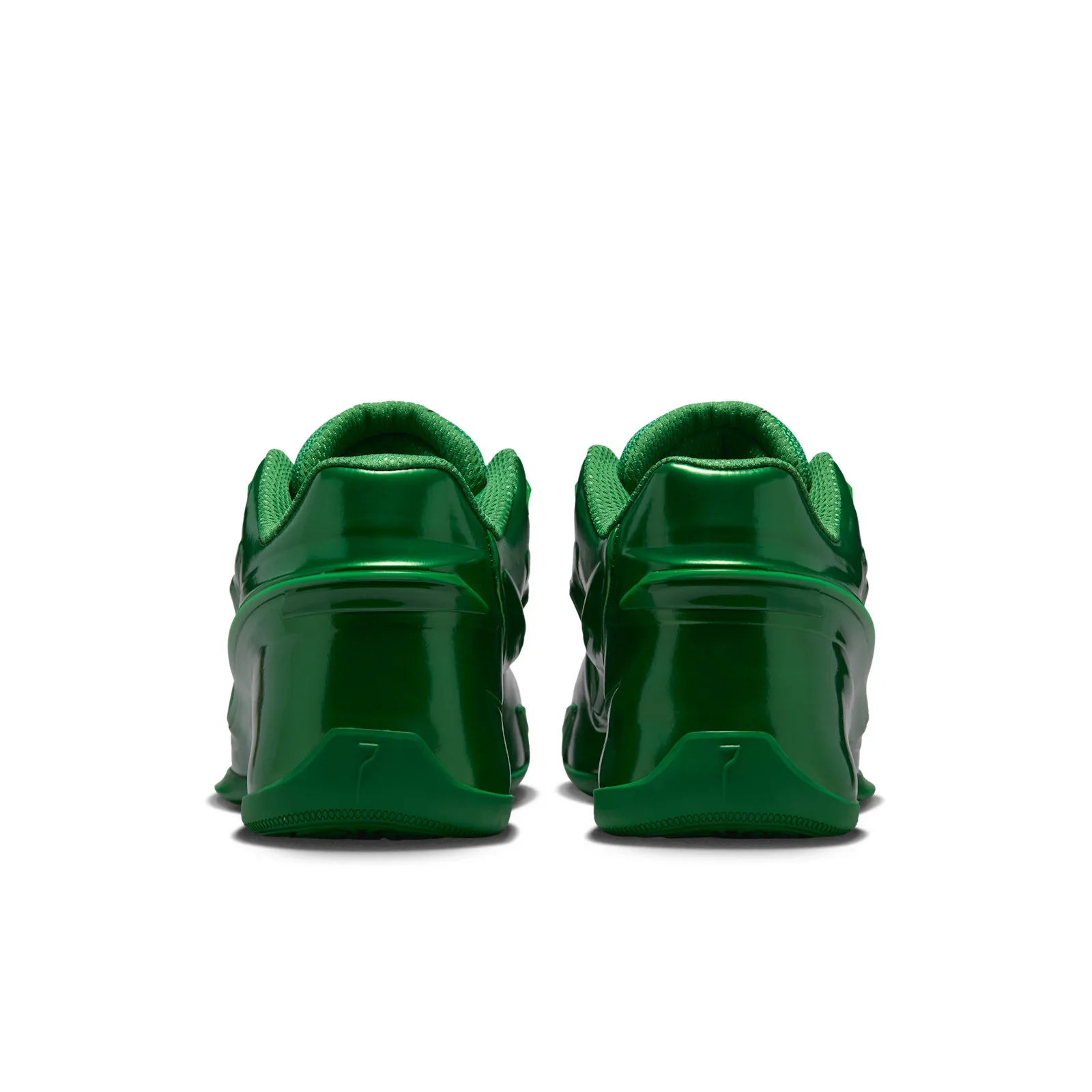 heel view of pair, glossy green counters and mesh collars, Gorge Green