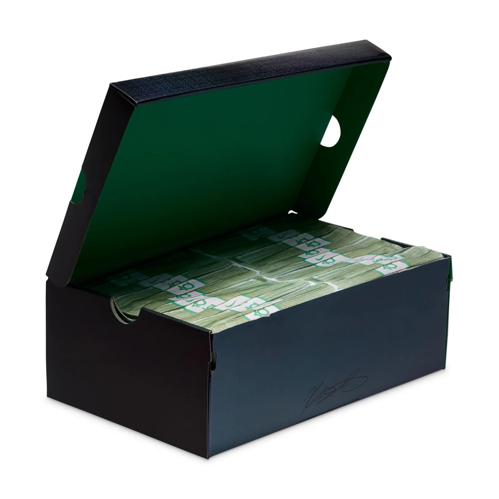 packaging, open black shoebox with green lid and Nike-print tissue paper, Gorge Green