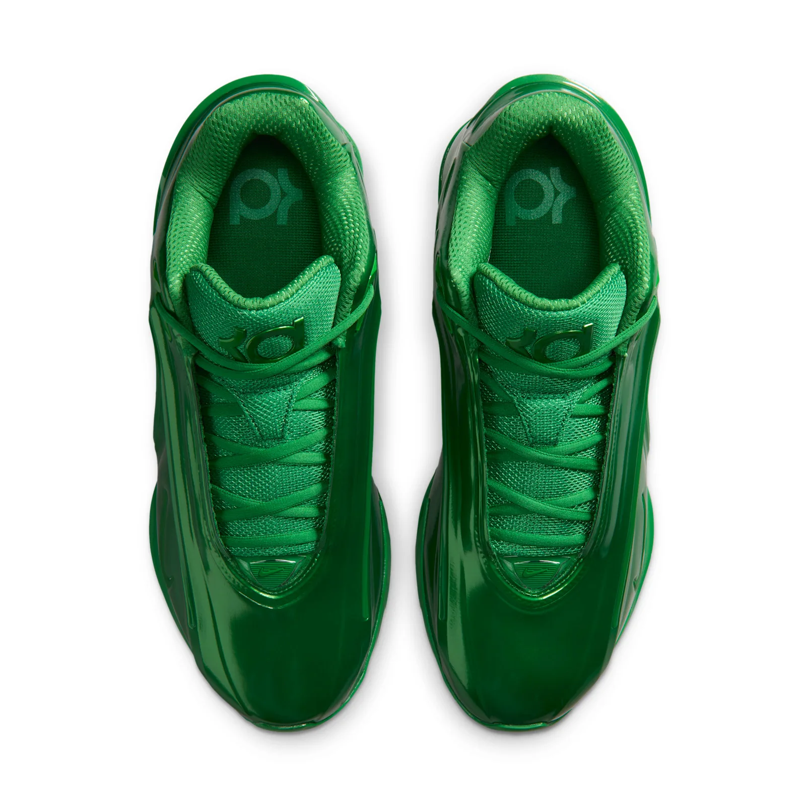 top-down view of pair, laces and green KD logo on tongues, Gorge Green
