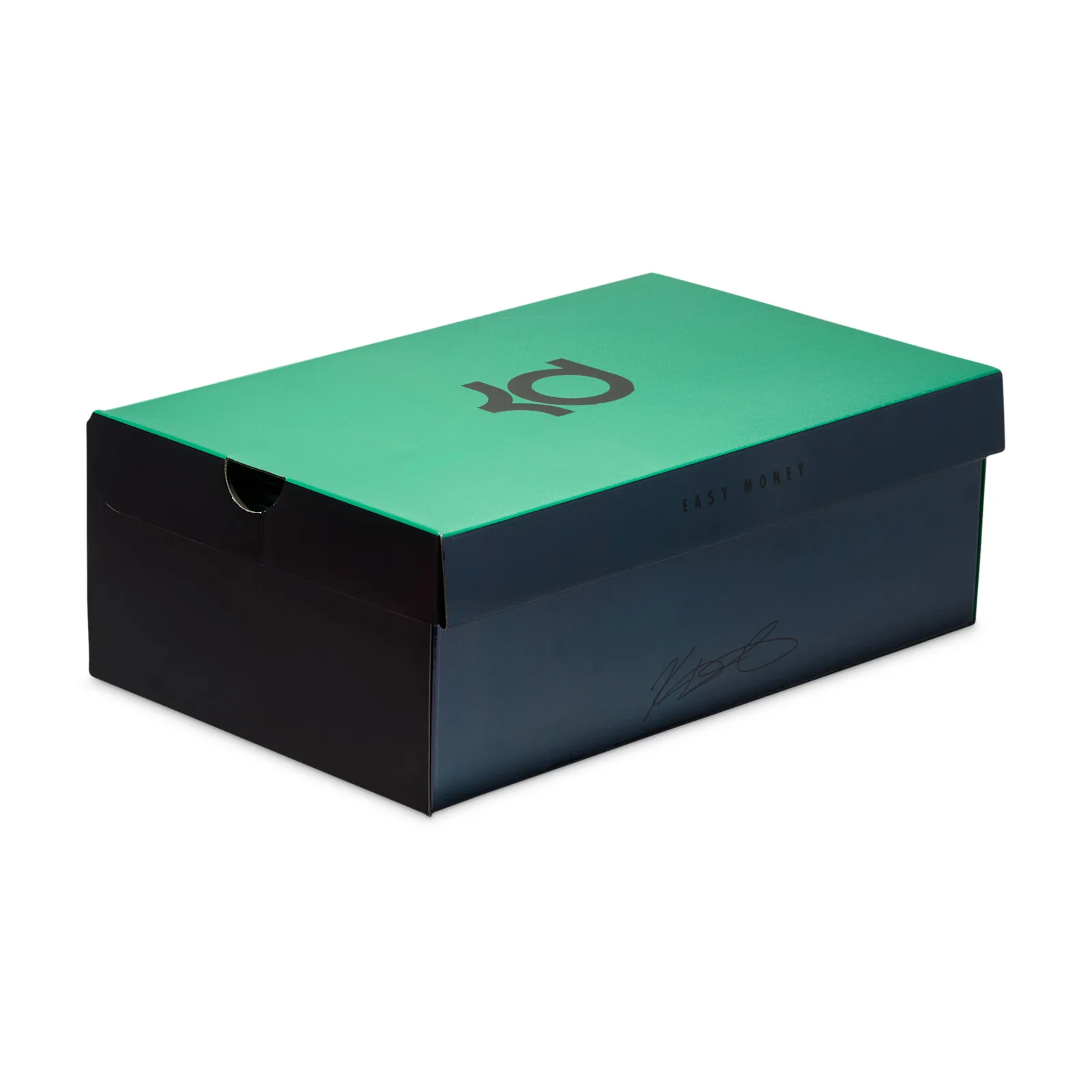 packaging, closed box with green lid, dark navy base, 'Easy Money' text, Gorge Green