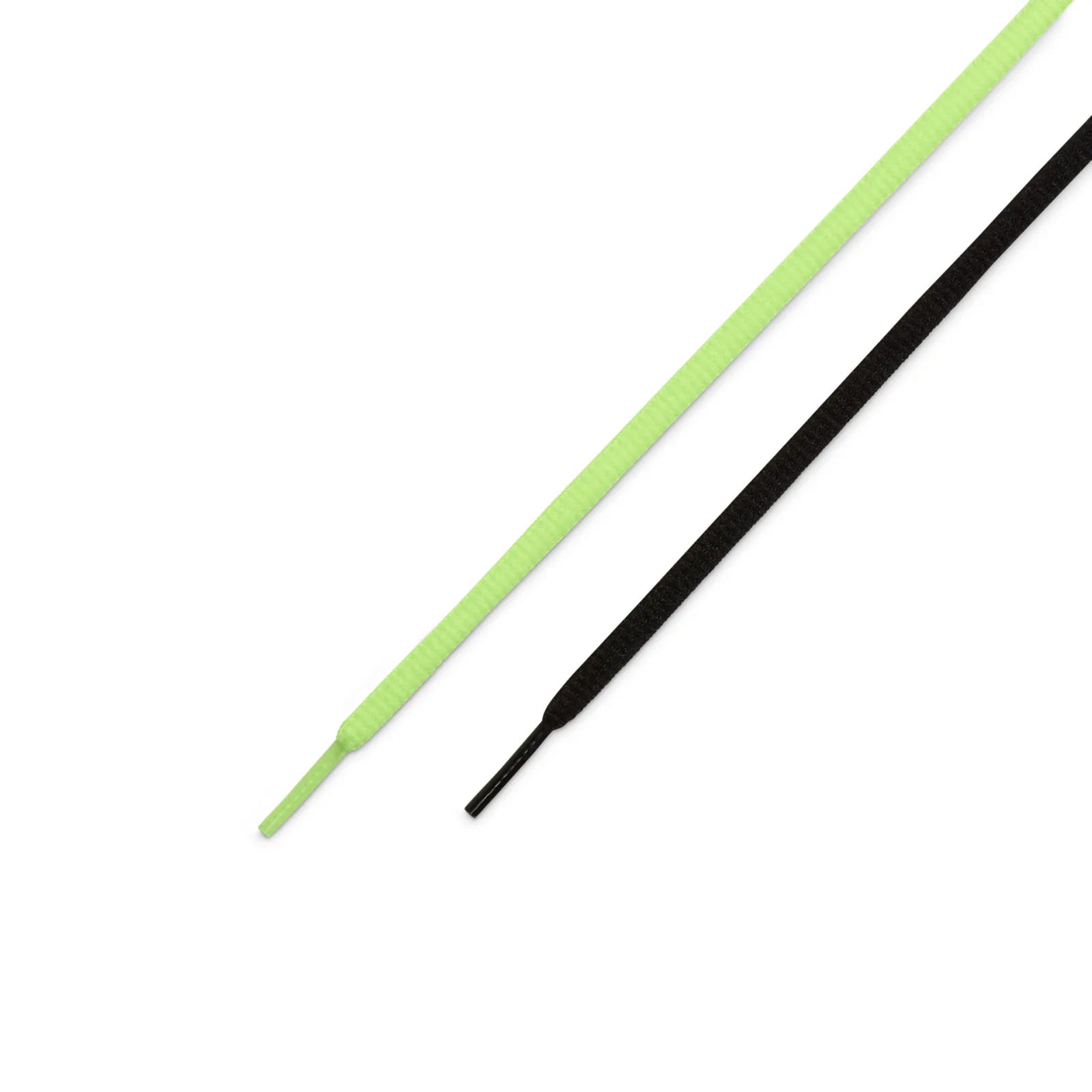 Detail of loose laces, one volt green and one black flat lace, Mismatch