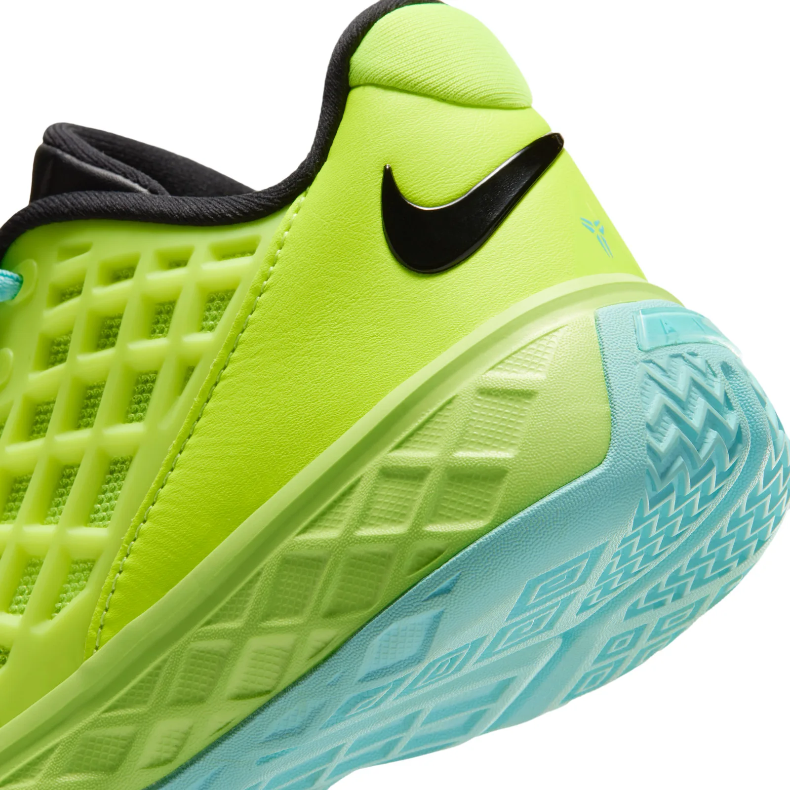 Close-up of heel and midsole, volt upper fading into aqua outsole, Mismatch