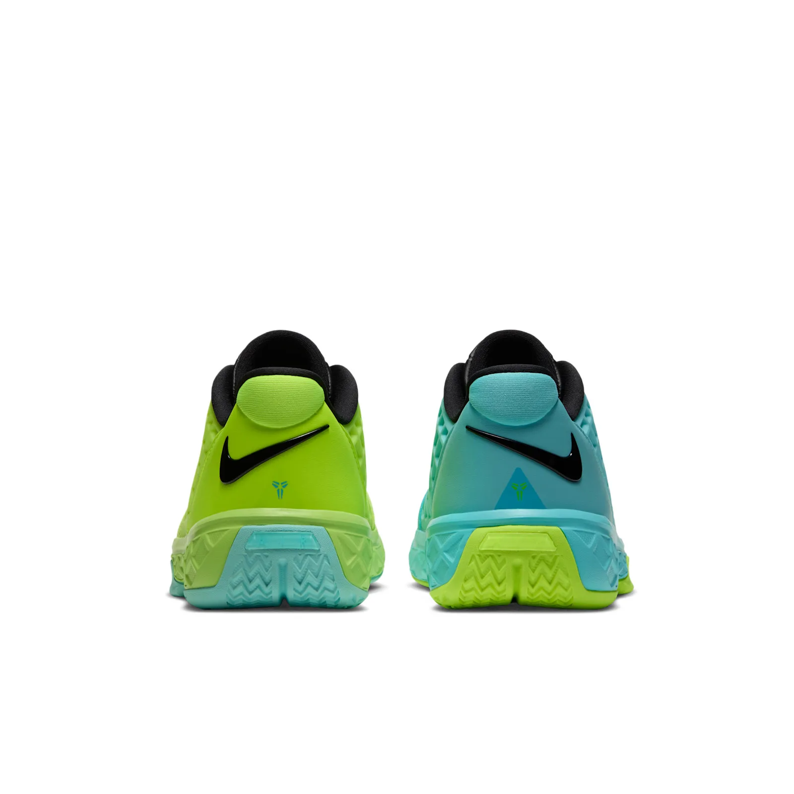 Heel view of pair, volt shoe and turquoise shoe with triangle Kobe logo, Mismatch