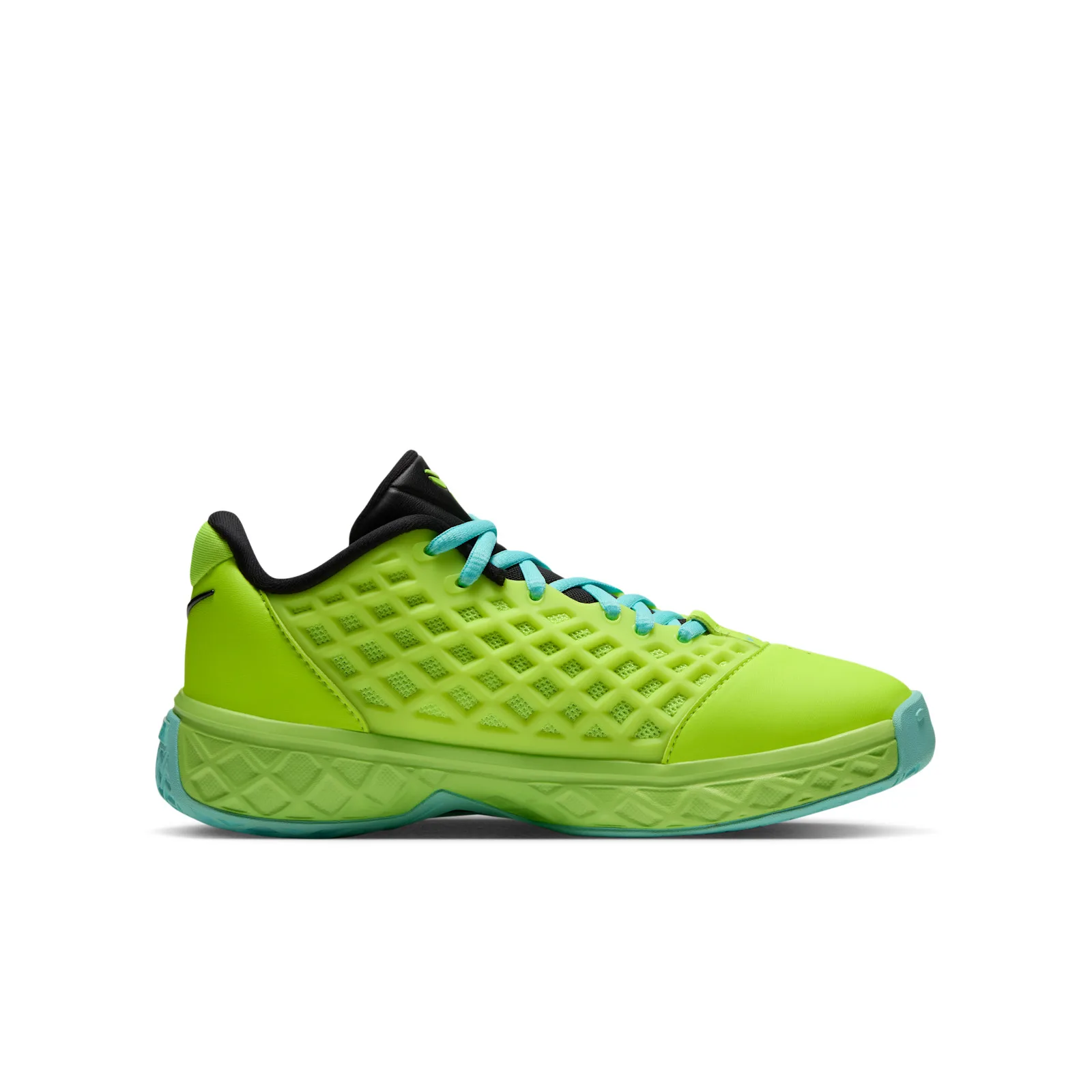 Lateral close view showing diamond-textured toe panel and aqua midsole, Mismatch