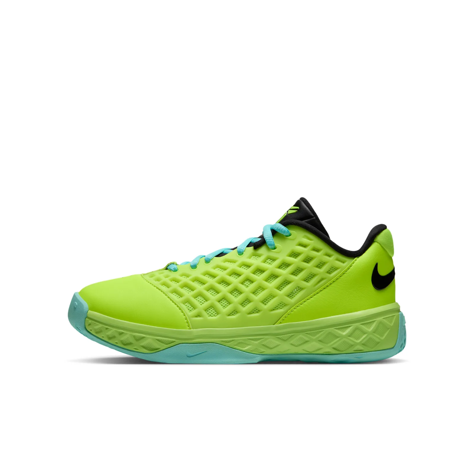 Lateral side view, volt upper, aqua laces, black collar with swoosh, Mismatch