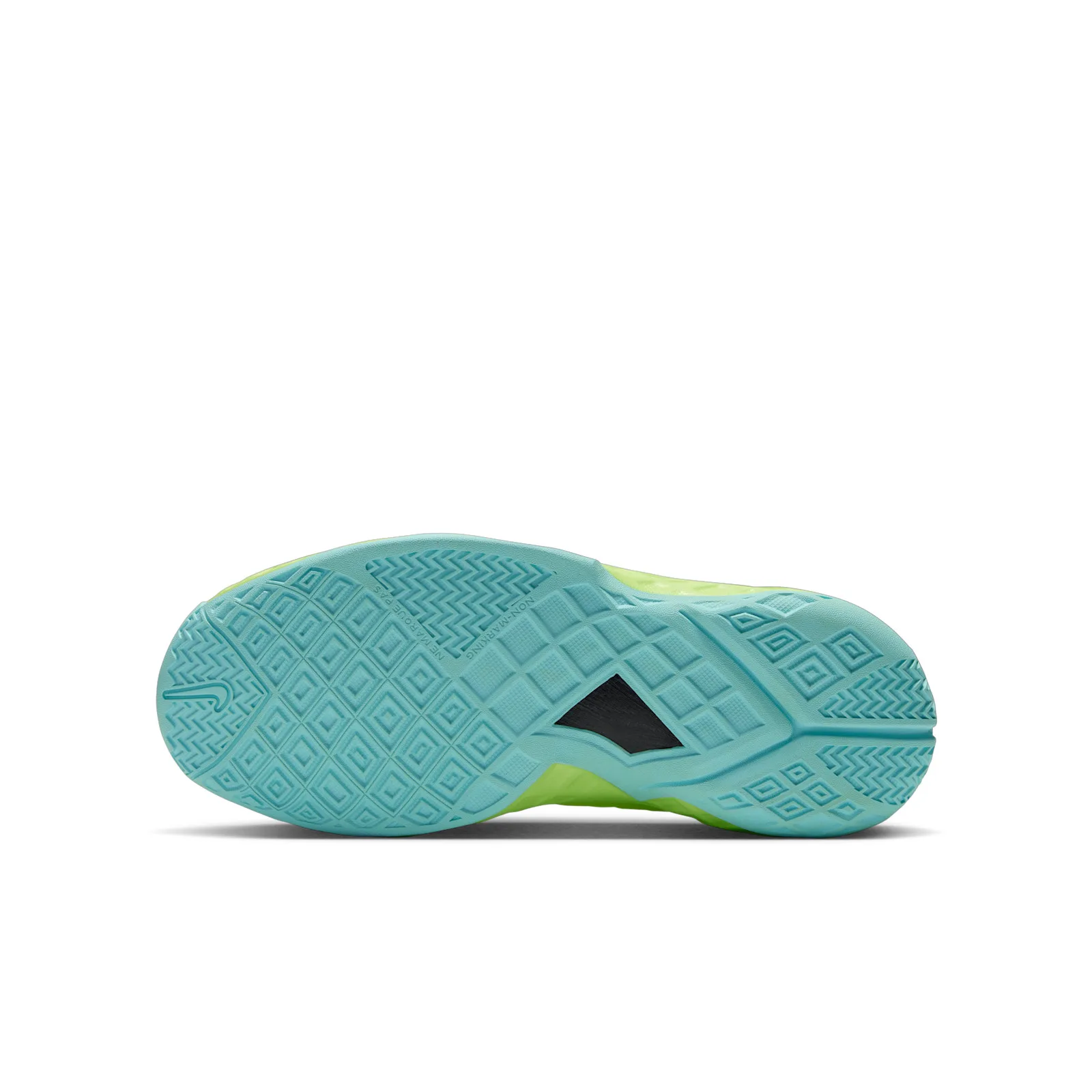 Outsole view showing turquoise diamond tread and black traction patch, Mismatch
