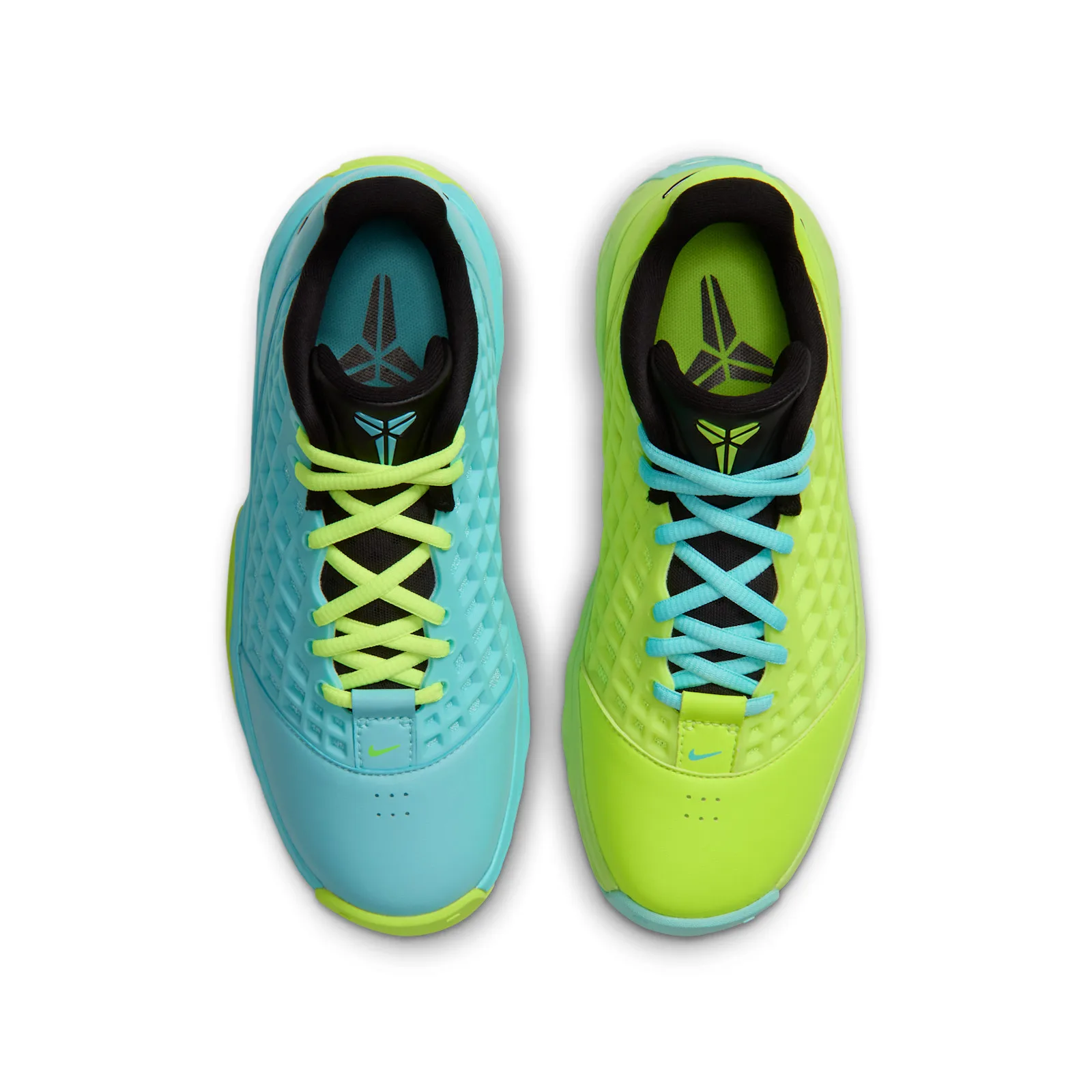 Top-down view of mismatched pair, one turquoise upper, one volt upper, Mismatch