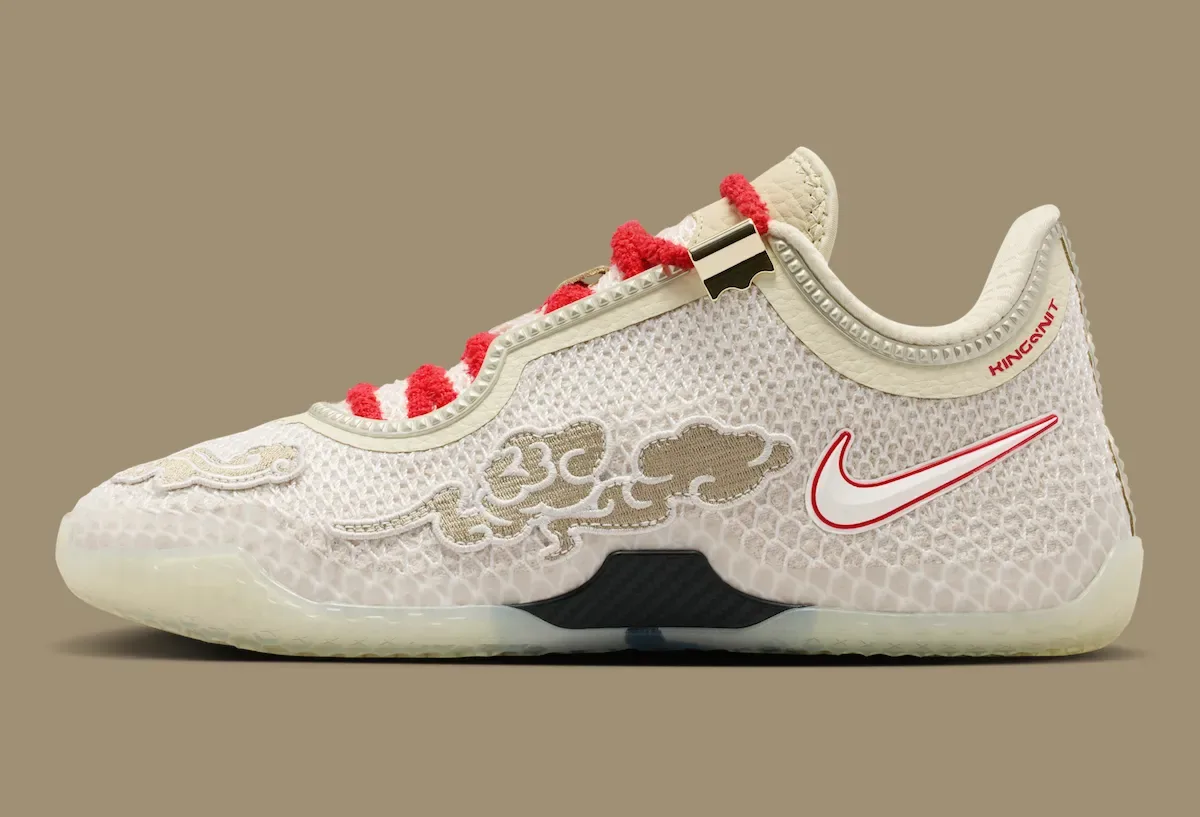 lateral view, cream mesh upper with tan cloud embroidery and red laces, Nike LeBron 24 “Lunar New Year”