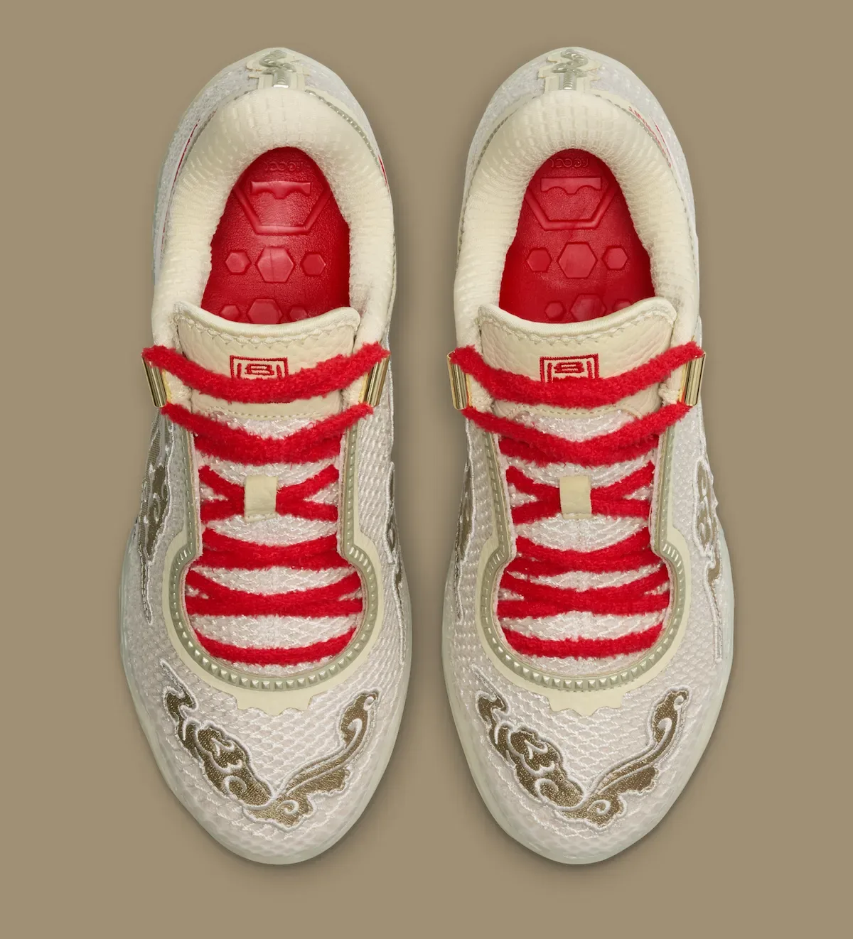 top-down view of the pair, red insoles, gold eyelets and red laces, Lunar New Year