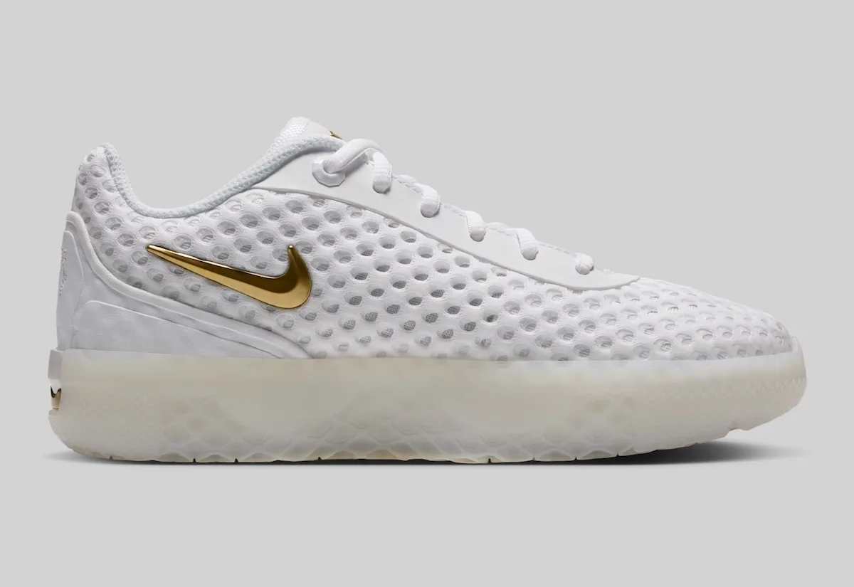 lateral view, white mesh upper with gold swoosh and translucent sole, LeBron Witness 10