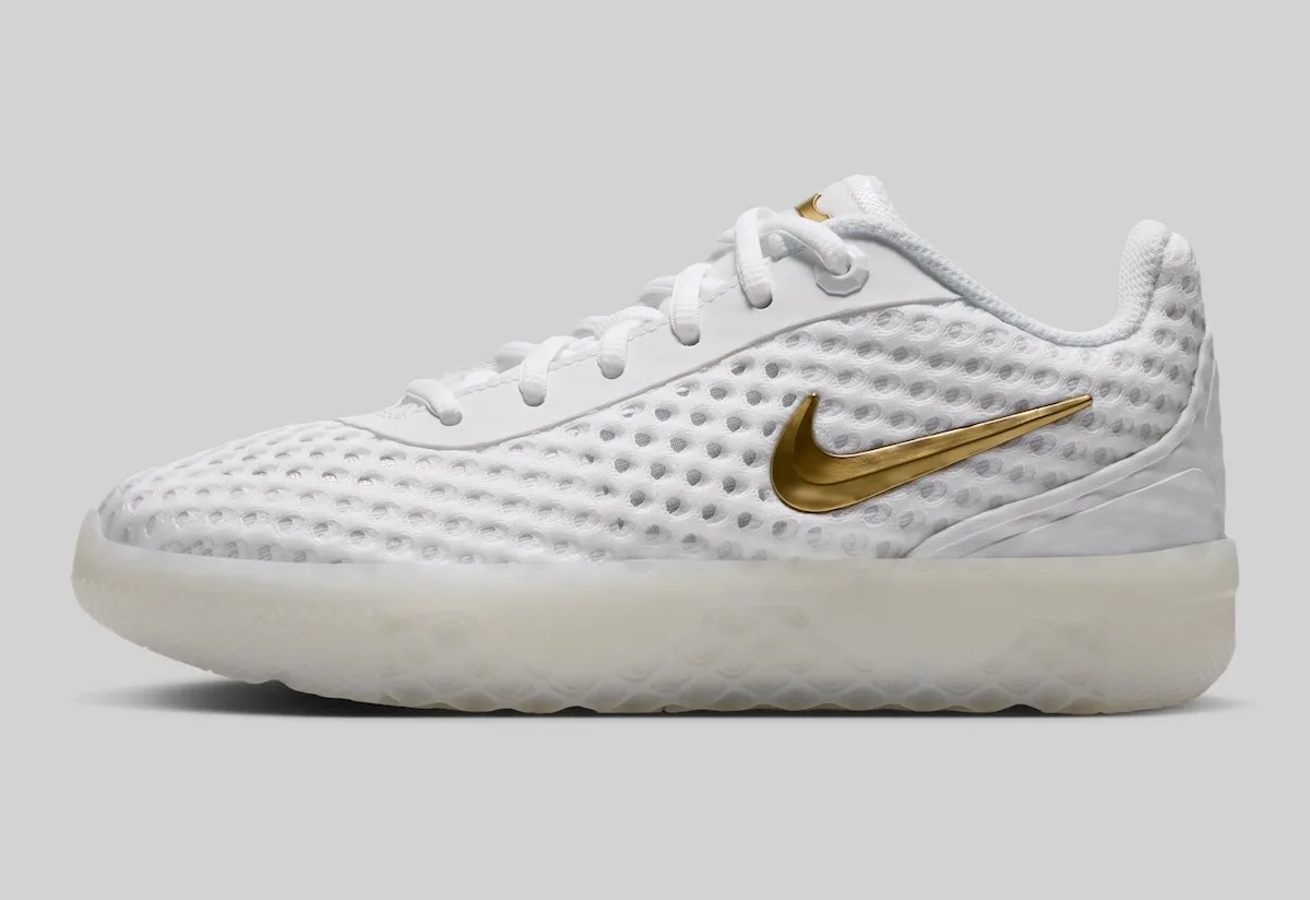 close-up vamp, white mesh with gold swoosh and gold crown tongue tab, LeBron Witness 10