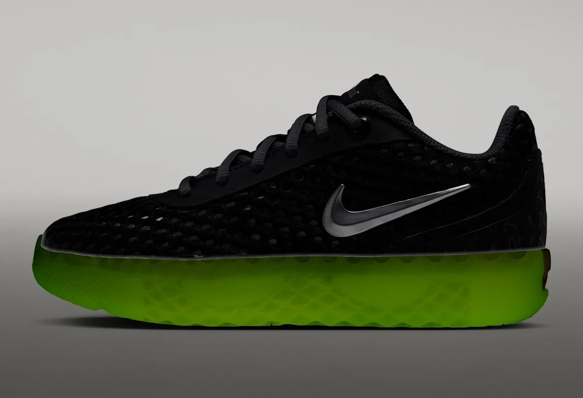 close-up vamp, black mesh with silver swoosh and grey laces on mint sole, LeBron Witness 10