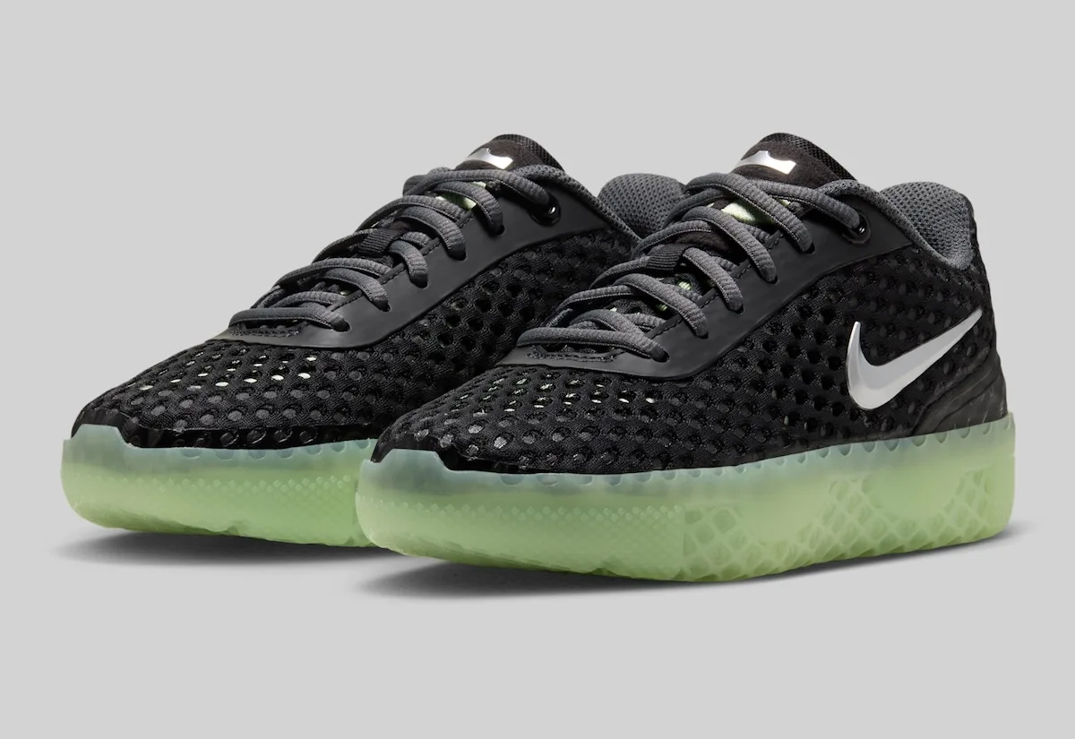 toe-angled pair in black mesh with translucent green outsole, LeBron Witness 10