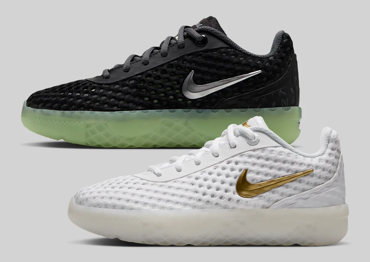 lateral pair, black mesh with mint translucent sole above white and gold pair, LeBron Witness 10