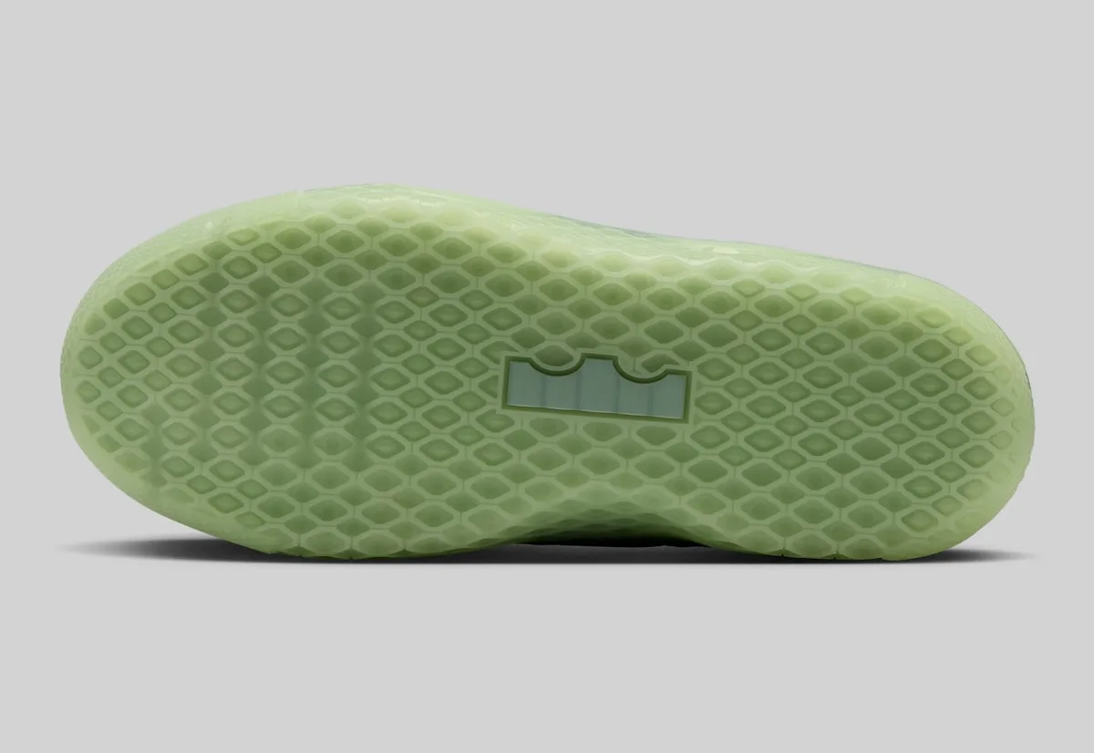 outsole view, mint green textured tread with crown logo in heel, LeBron Witness 10