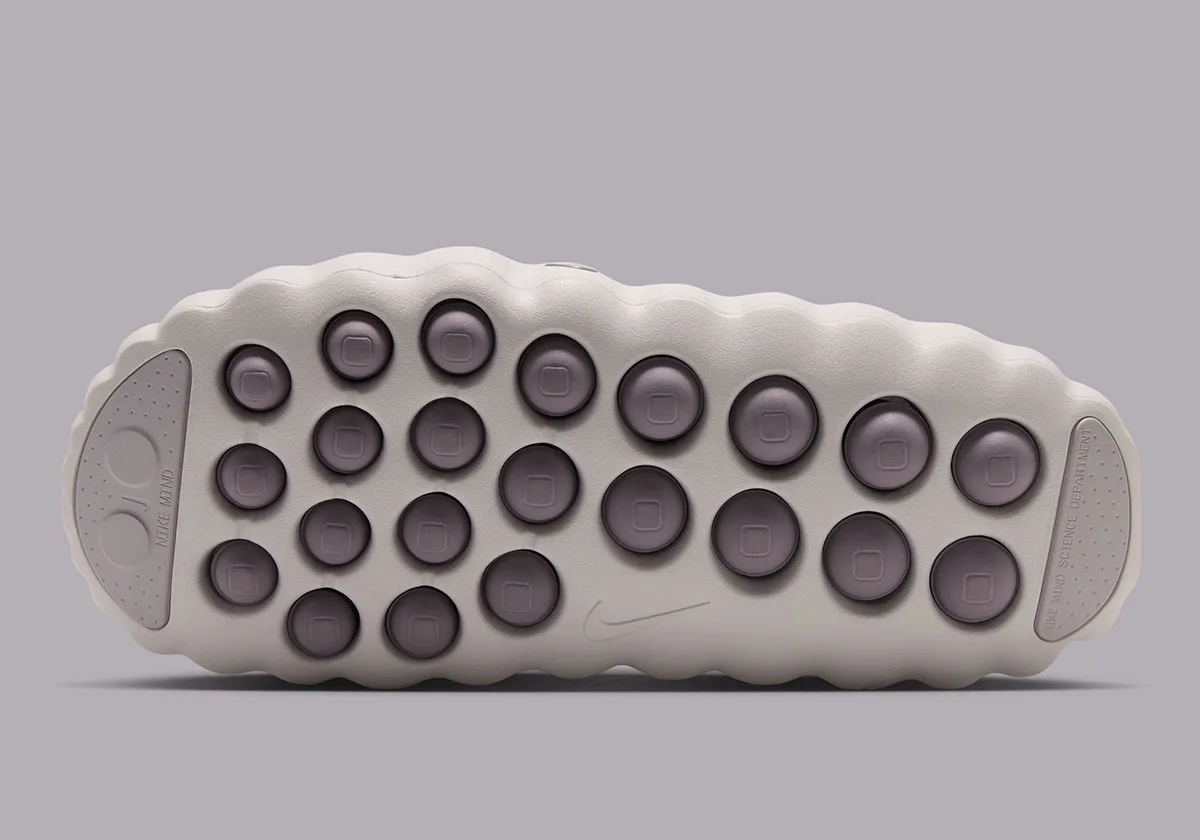 toe-end view of bulbous purple-grey outsole studs and off-white ribbed upper, Purple Smoke