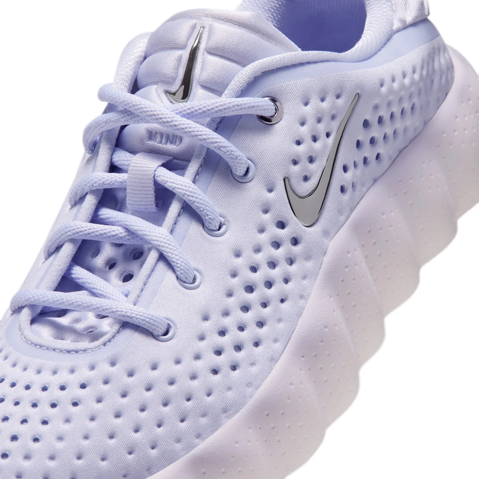 close-up toe, silver swoosh on perforated lilac upper, laces through Mind-branded eyelet, Palest Purple