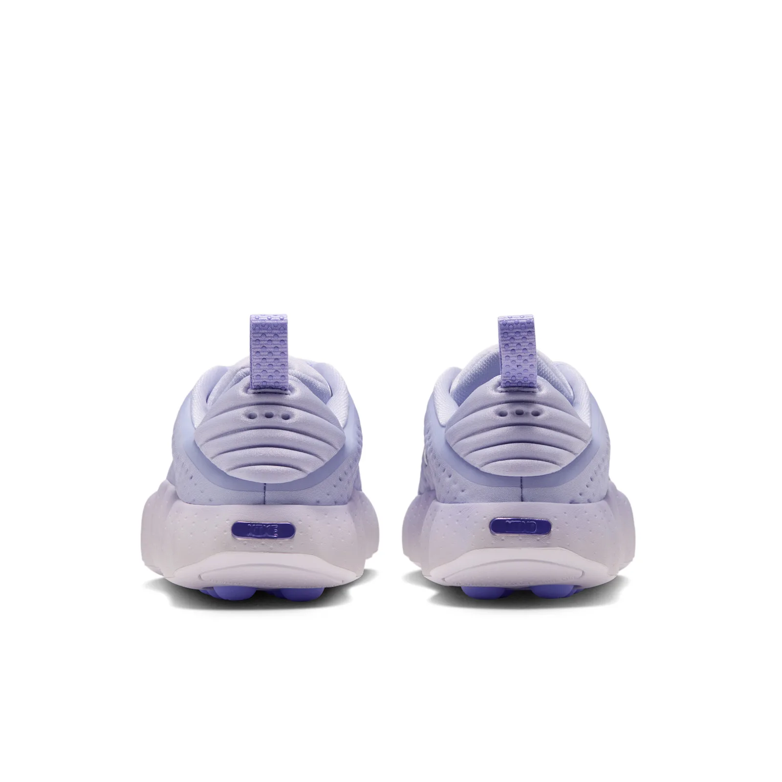 pair from behind, ribbed purple heel counters with purple pull tabs and Nike text, Palest Purple