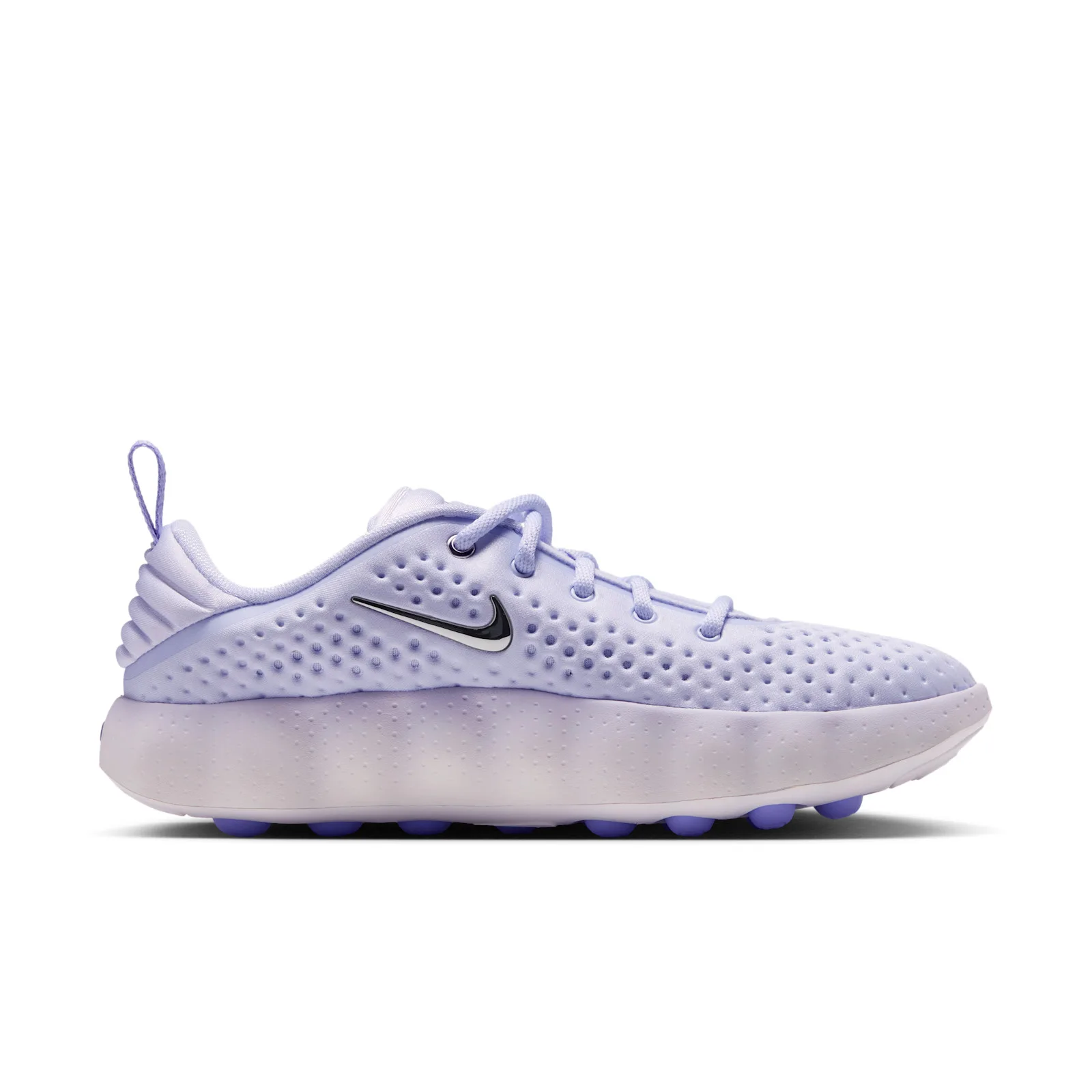 lateral view, lilac upper, silver swoosh, purple round studs along the outsole, Palest Purple