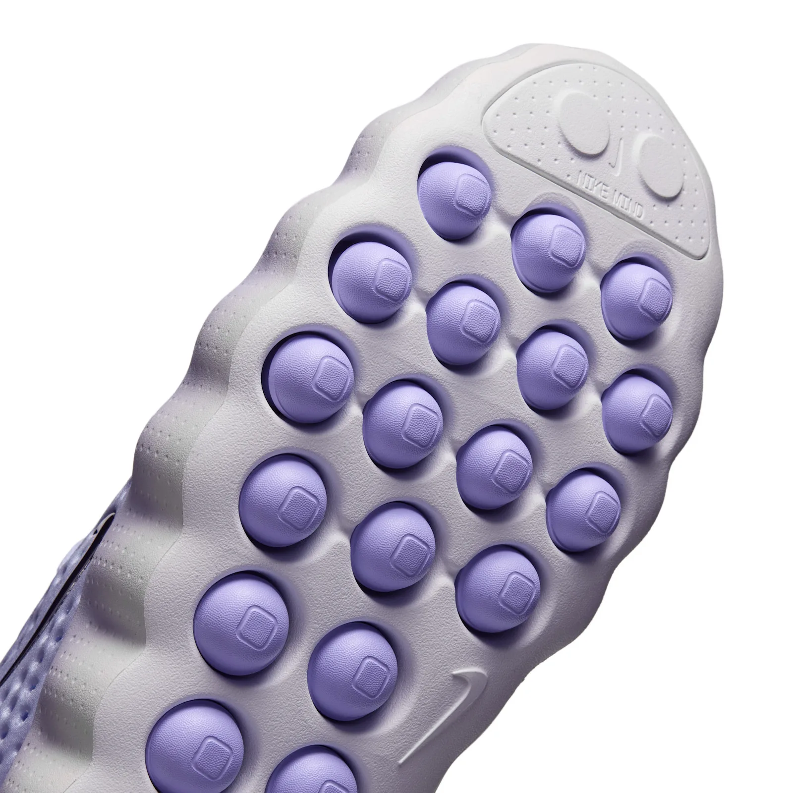 close-up angled outsole, purple circular studs and Nike Mind Science Department text, Palest Purple