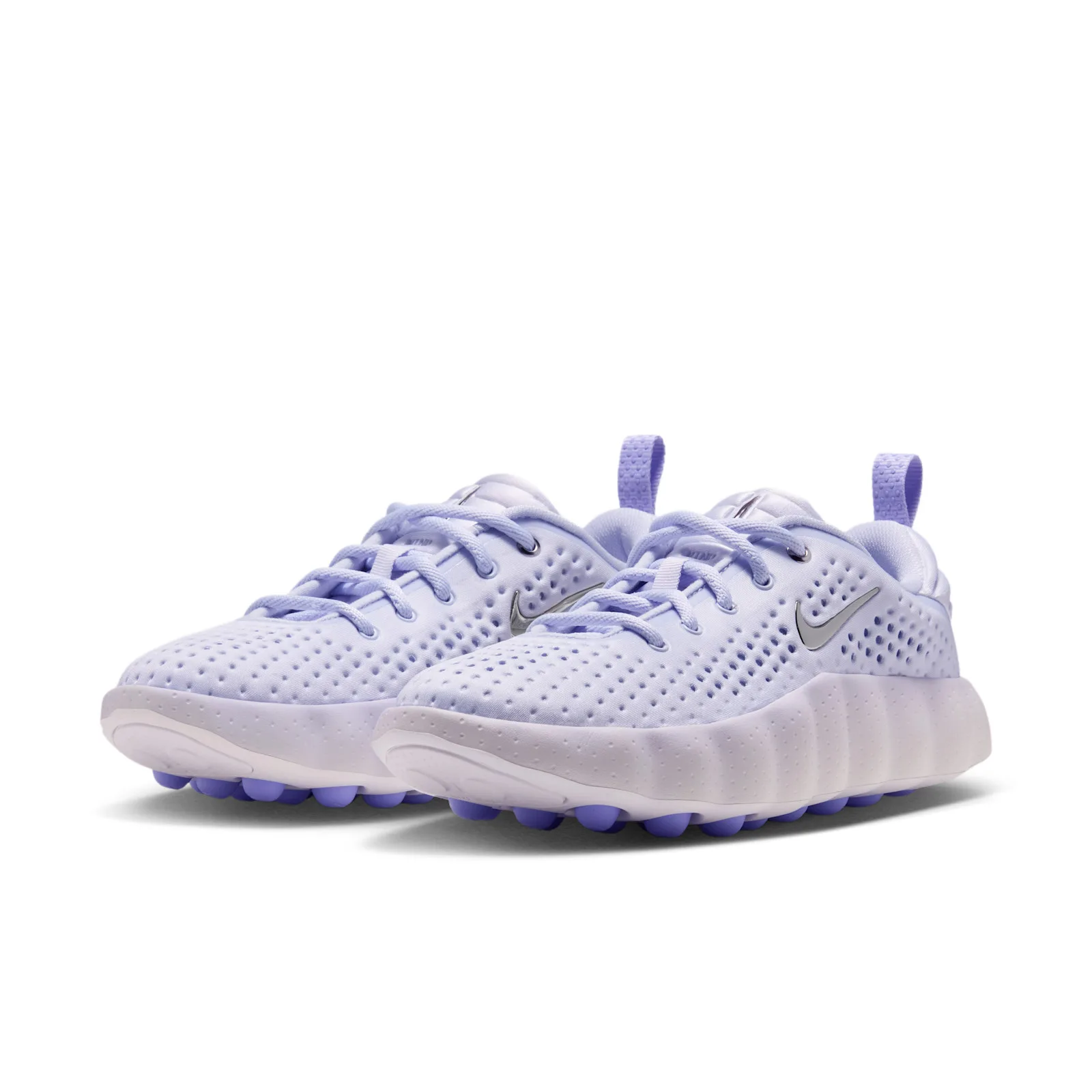 pair at an angle, lilac mesh uppers, silver swooshes, purple studded outsoles, Palest Purple