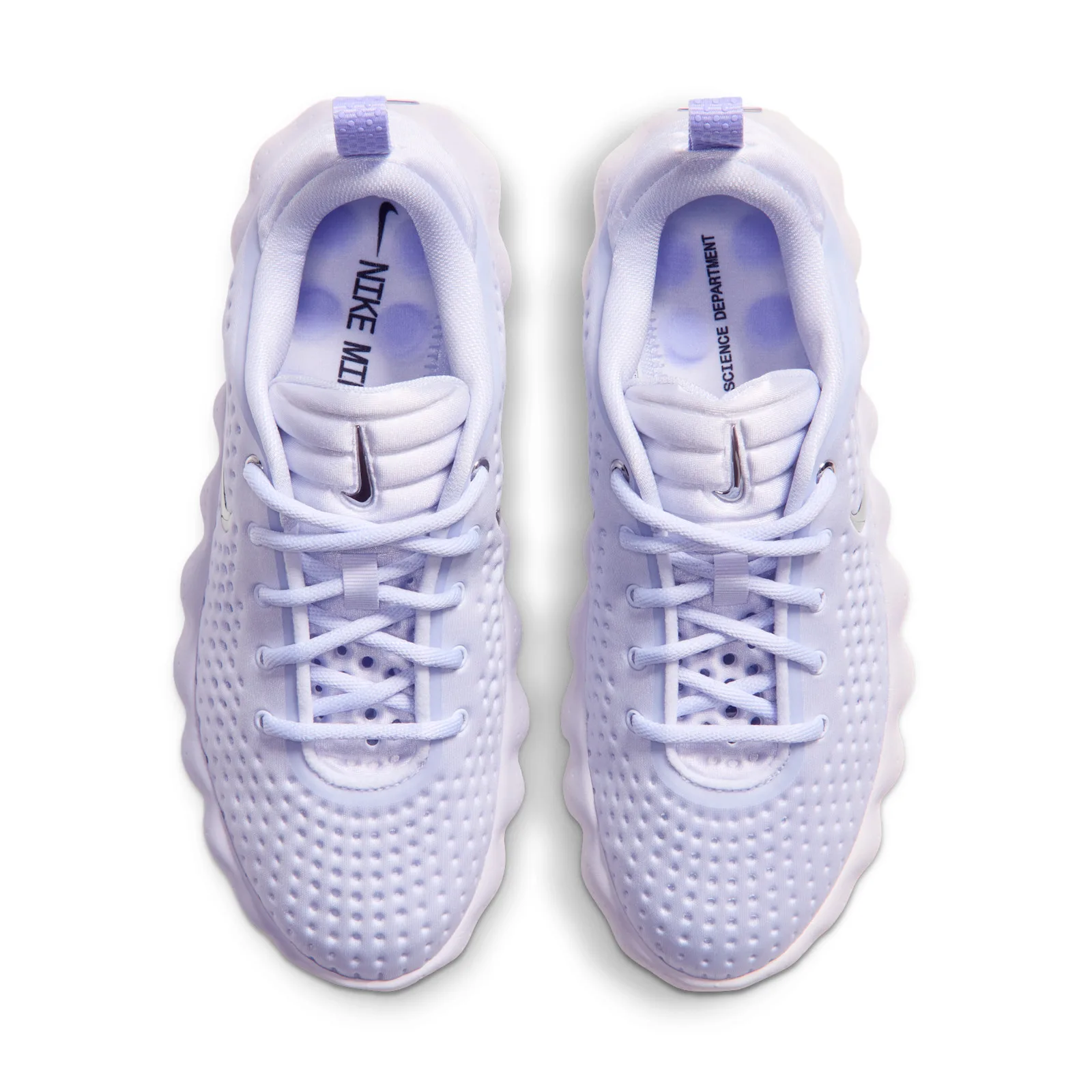 top-down pair, white and lilac mesh, insoles reading Nike Mind Science Department, Palest Purple