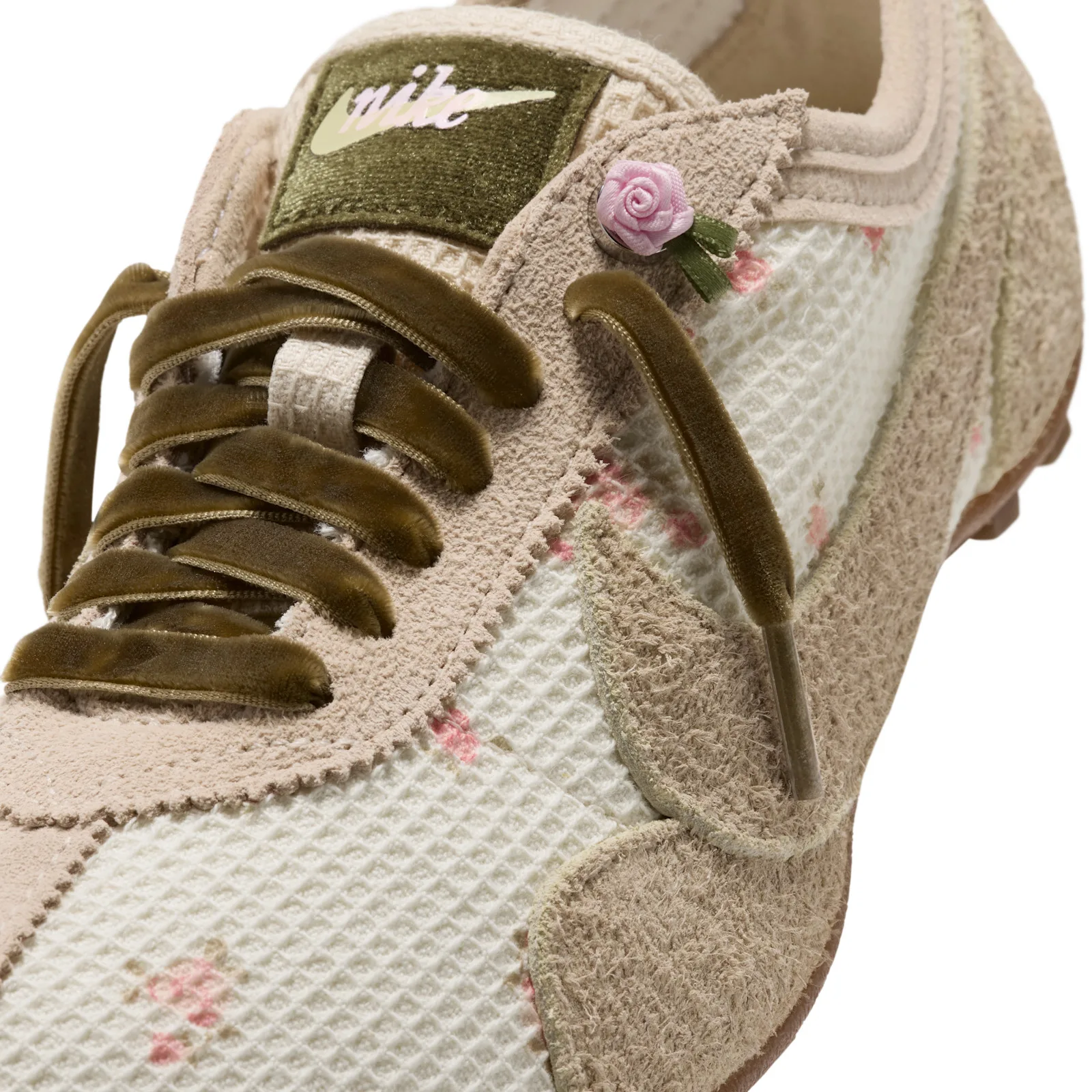 macro detail of tongue, olive nike script tab and pink rose lace charm, Floral Mesh