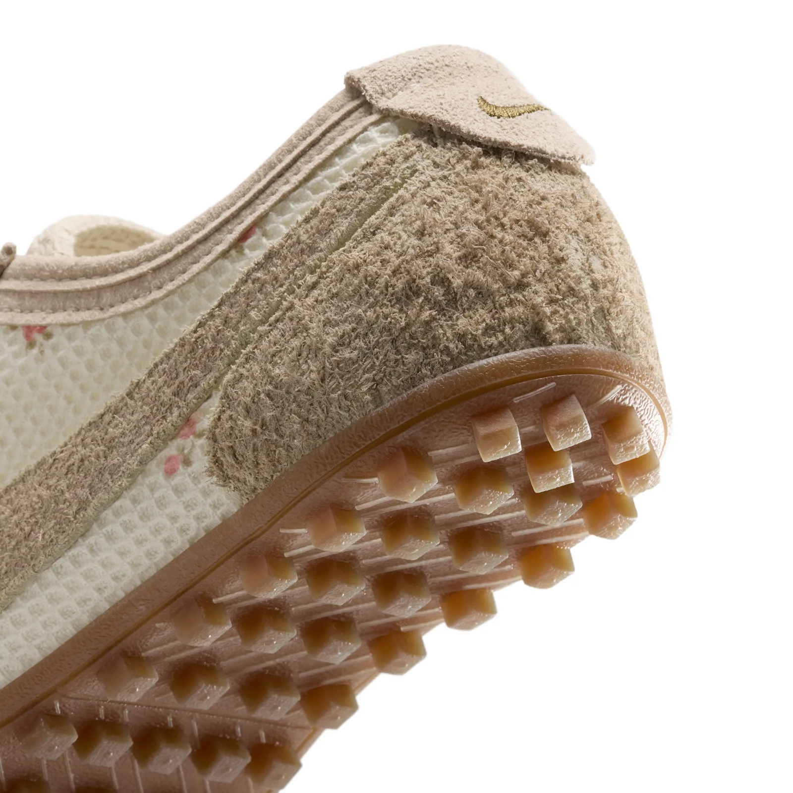 angled heel and sole close-up, fuzzy suede heel above studded gum outsole, Floral Mesh