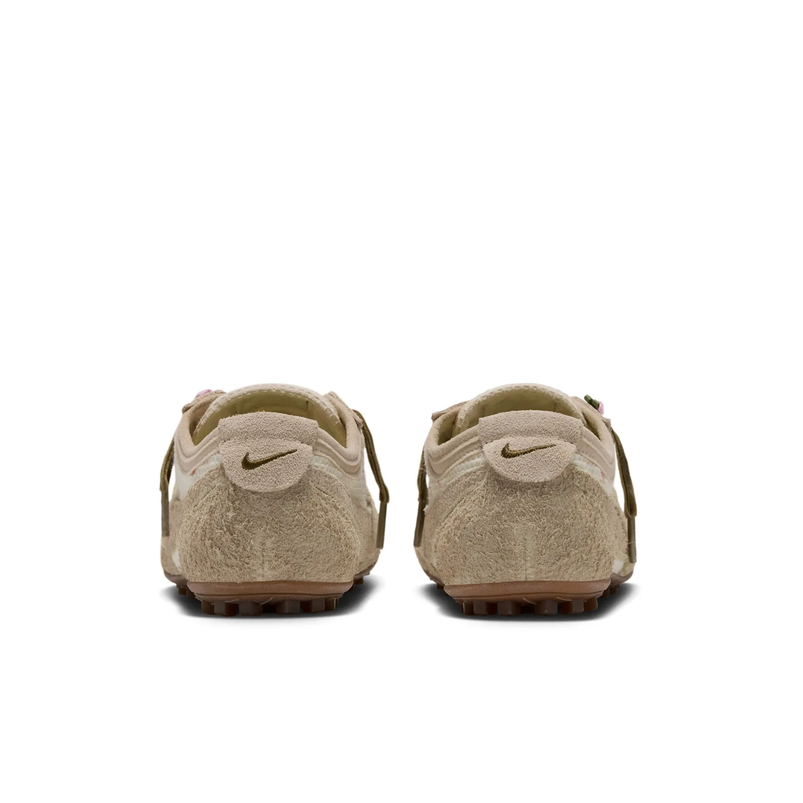 heel view of pair on white, suede tabs with embroidered olive swoosh logo, Floral Mesh