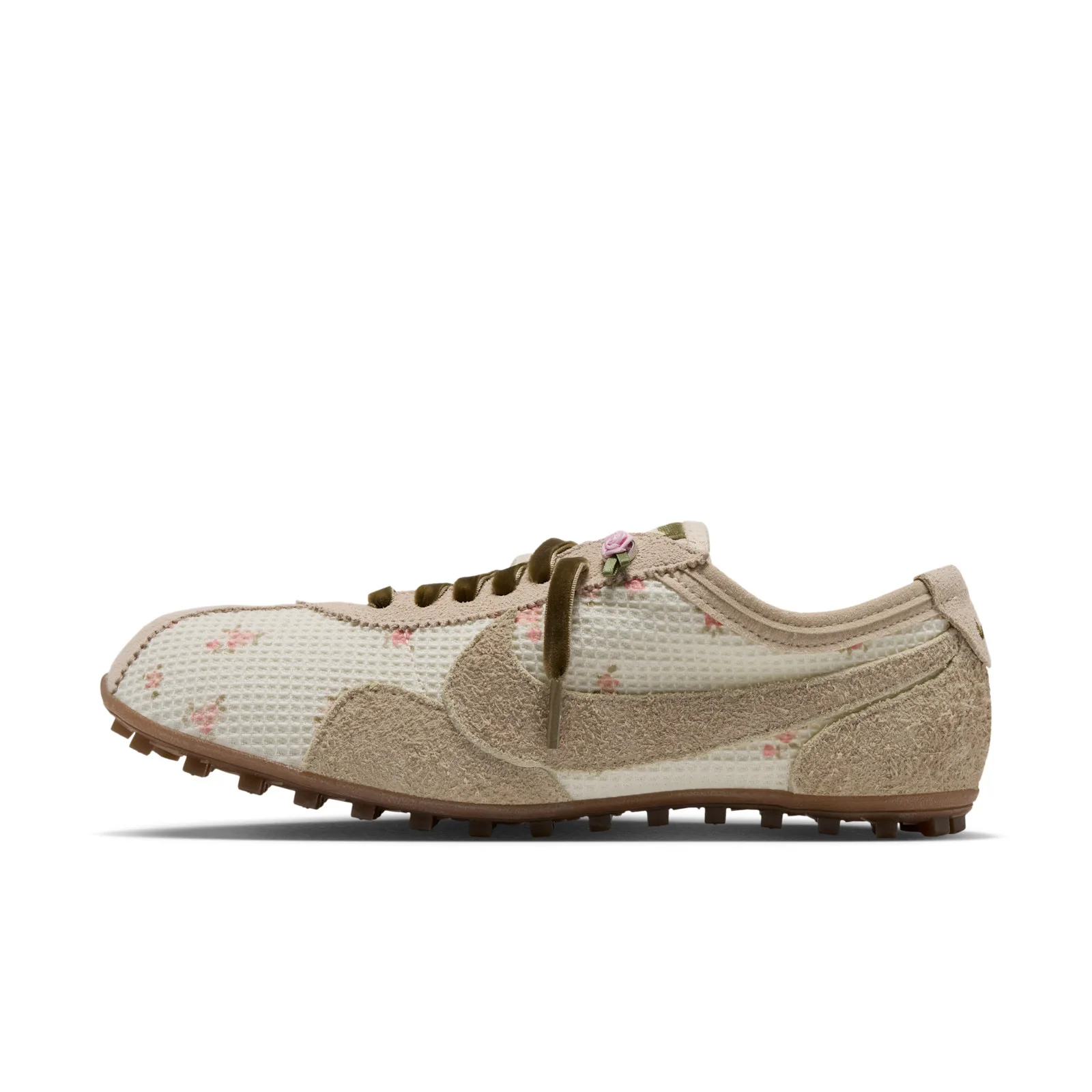 lateral view on white, cream floral mesh with suede swoosh and olive velvet laces, Floral Mesh