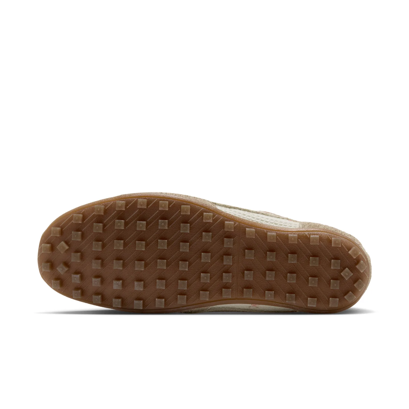 outsole close-up of single shoe, studded gum-brown sole with diamond tread, Floral Mesh